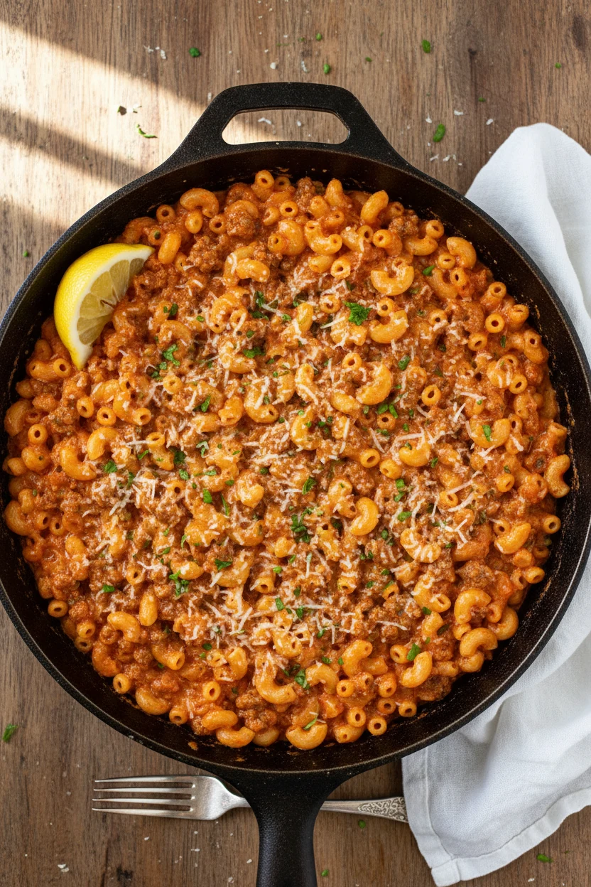 Tasty top view: overhead shot of the finished ground beef pasta skillet, creamy-red sauce coating elbows, mosaic of beef