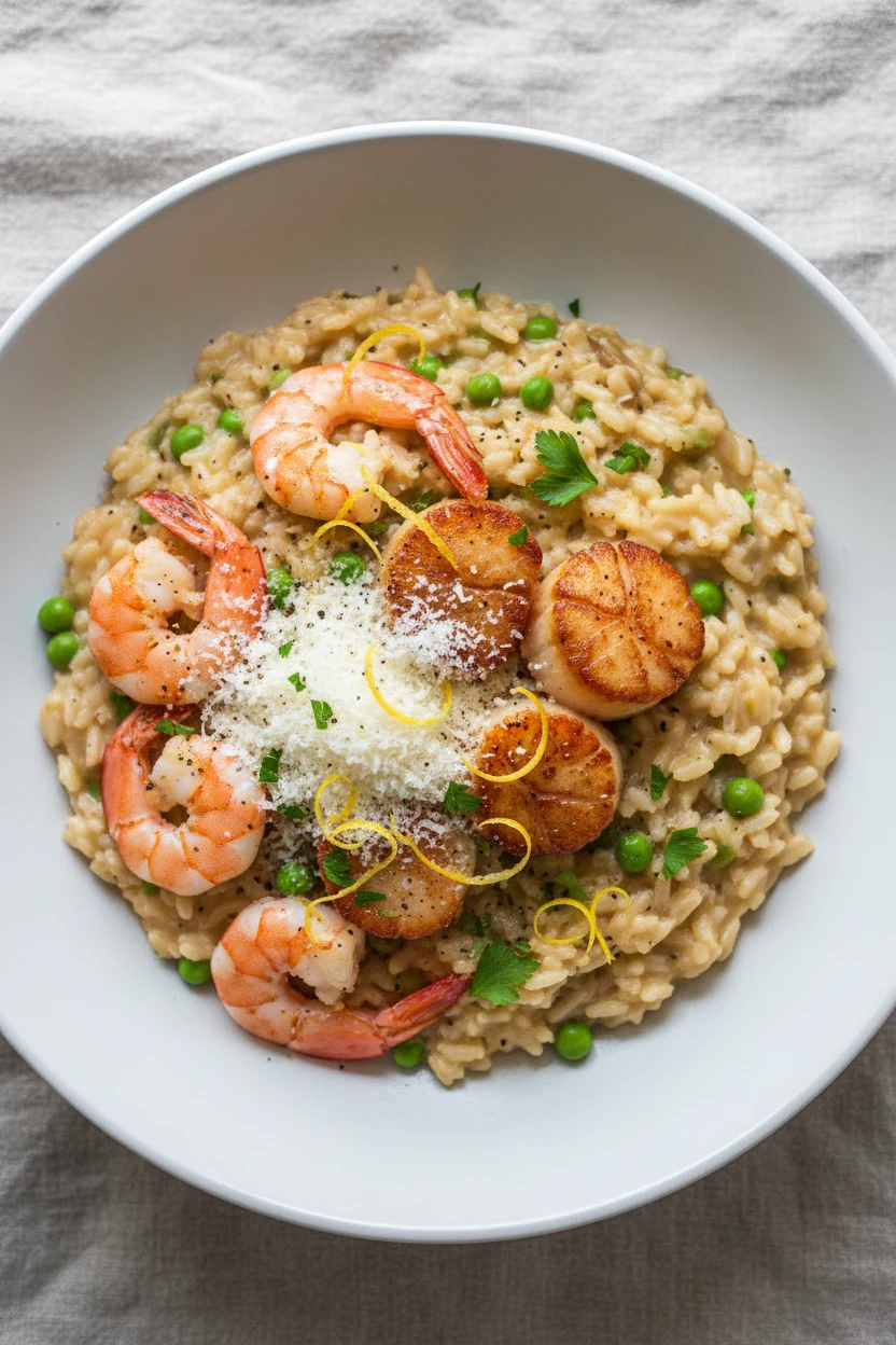 3. Overhead shot of final Seafood Risotto with Shrimp and Scallops: flowing, glossy risotto dotted with peas, arranged w