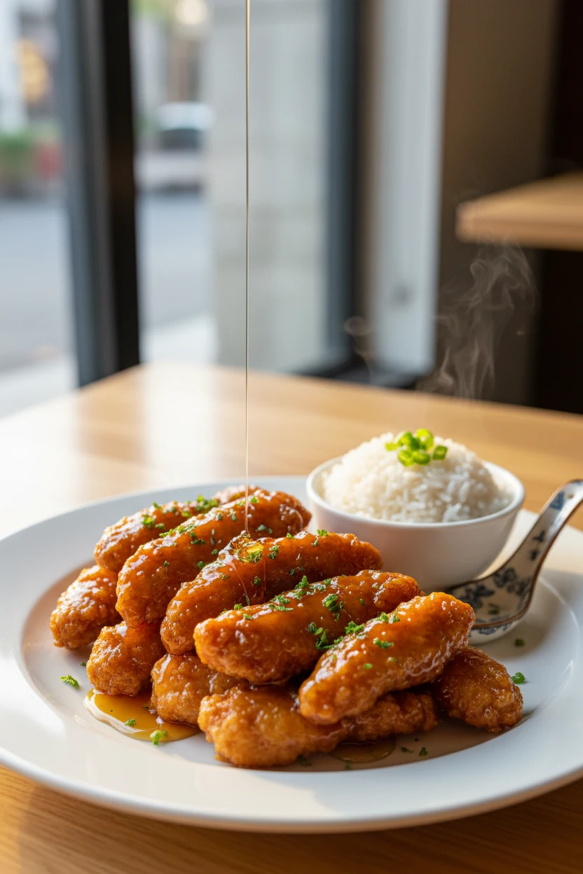 Beautifully plated honey garlic chicken tenders arranged neatly on a white ceramic plate, drizzled generously with extra