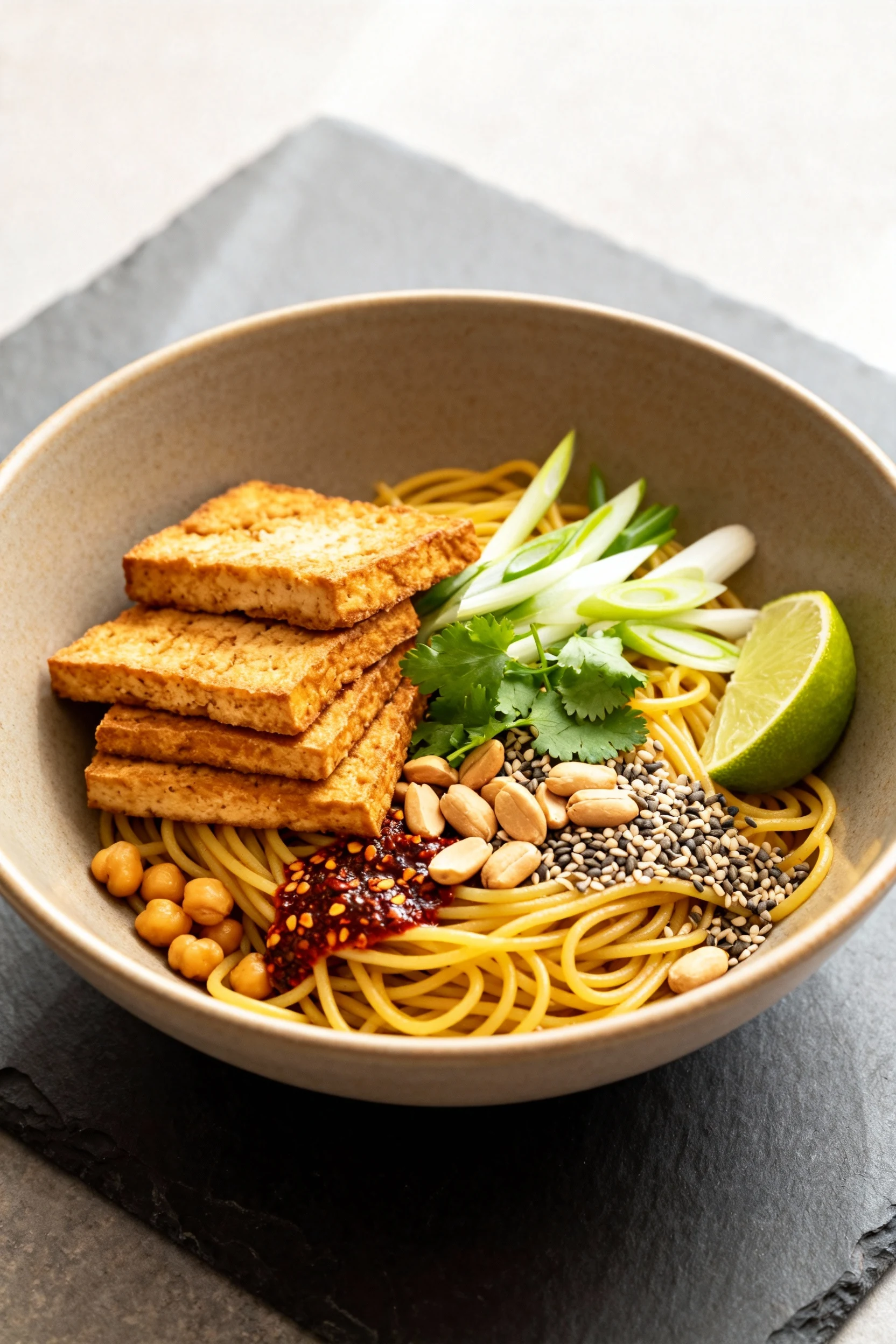 Final bowl: chickpea spaghetti twirled, stacked crispy tofu on top, scallions, roasted peanuts, hemp hearts, cilantro, c