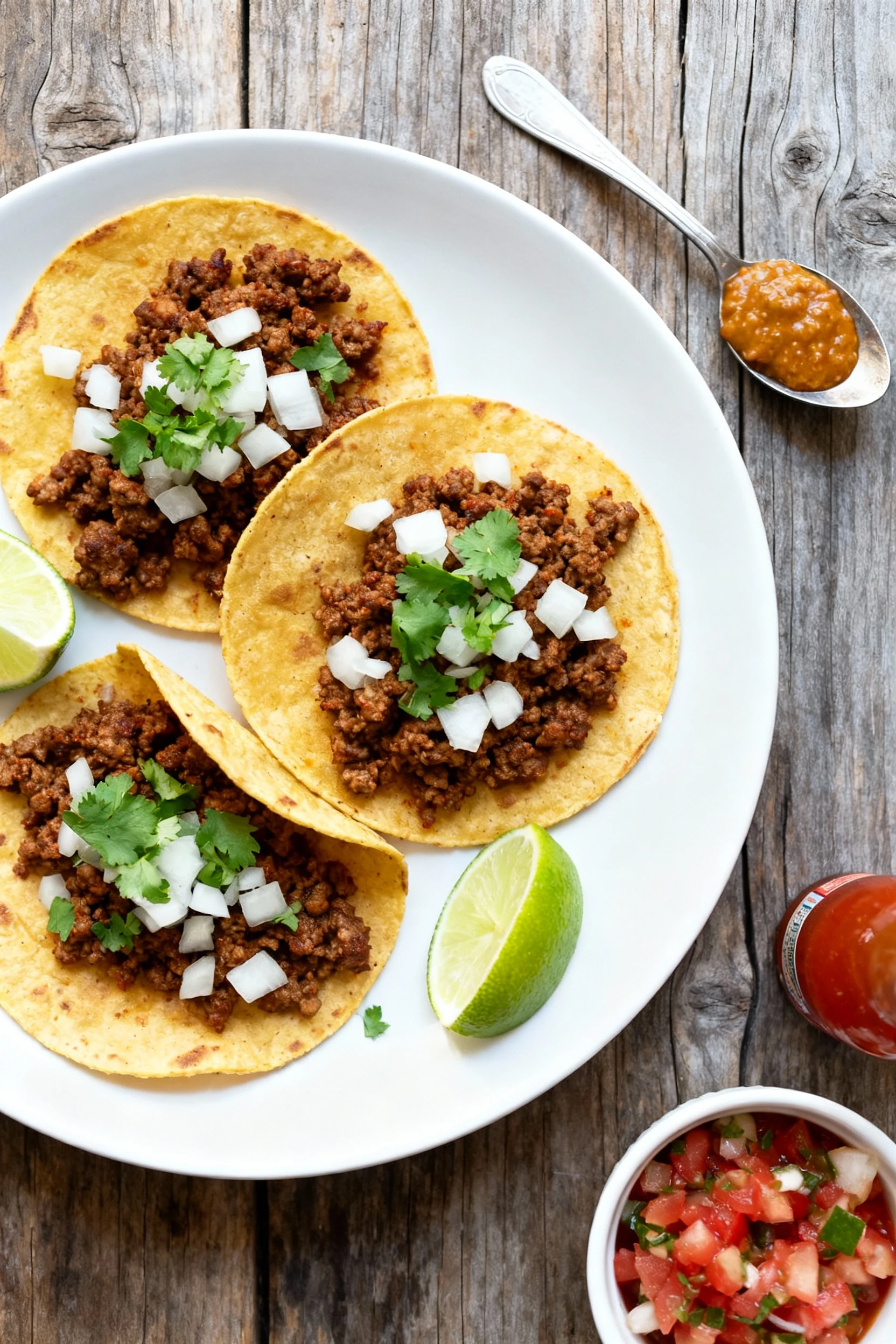 Final dish — Beautifully plated street-style ground beef tacos on warm corn tortillas: juicy, deeply seasoned meat that 