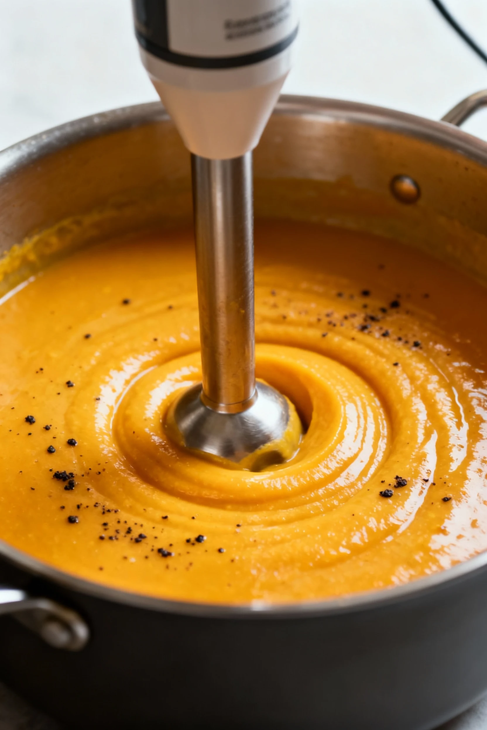Immersion blender in action: silky golden butternut squash soup vortex forming in the pot, glossy surface with black pep