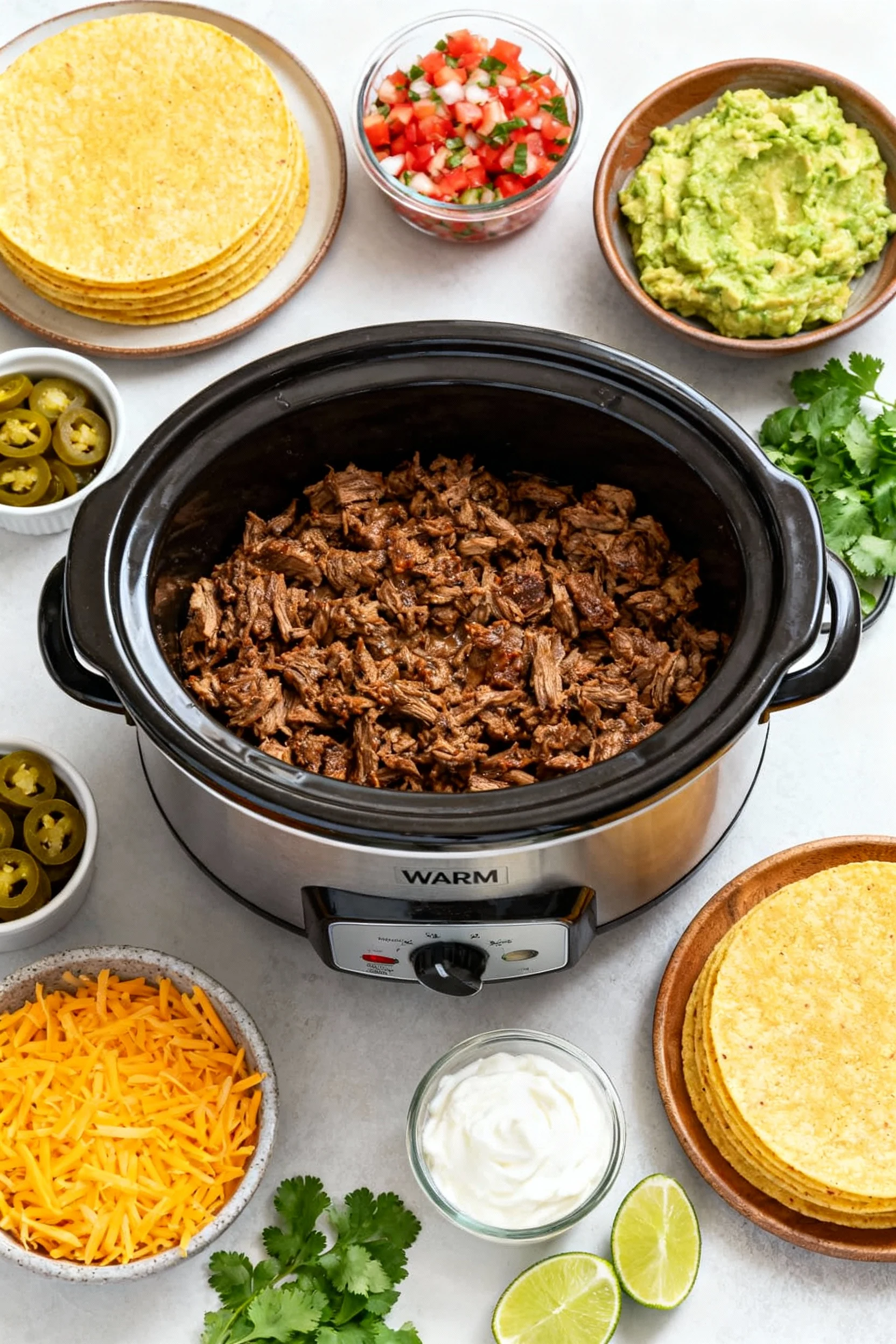 Overhead shot of taco bar: slow cooker on WARM filled with taco meat, surrounded by warm corn tortillas, pico de gallo,