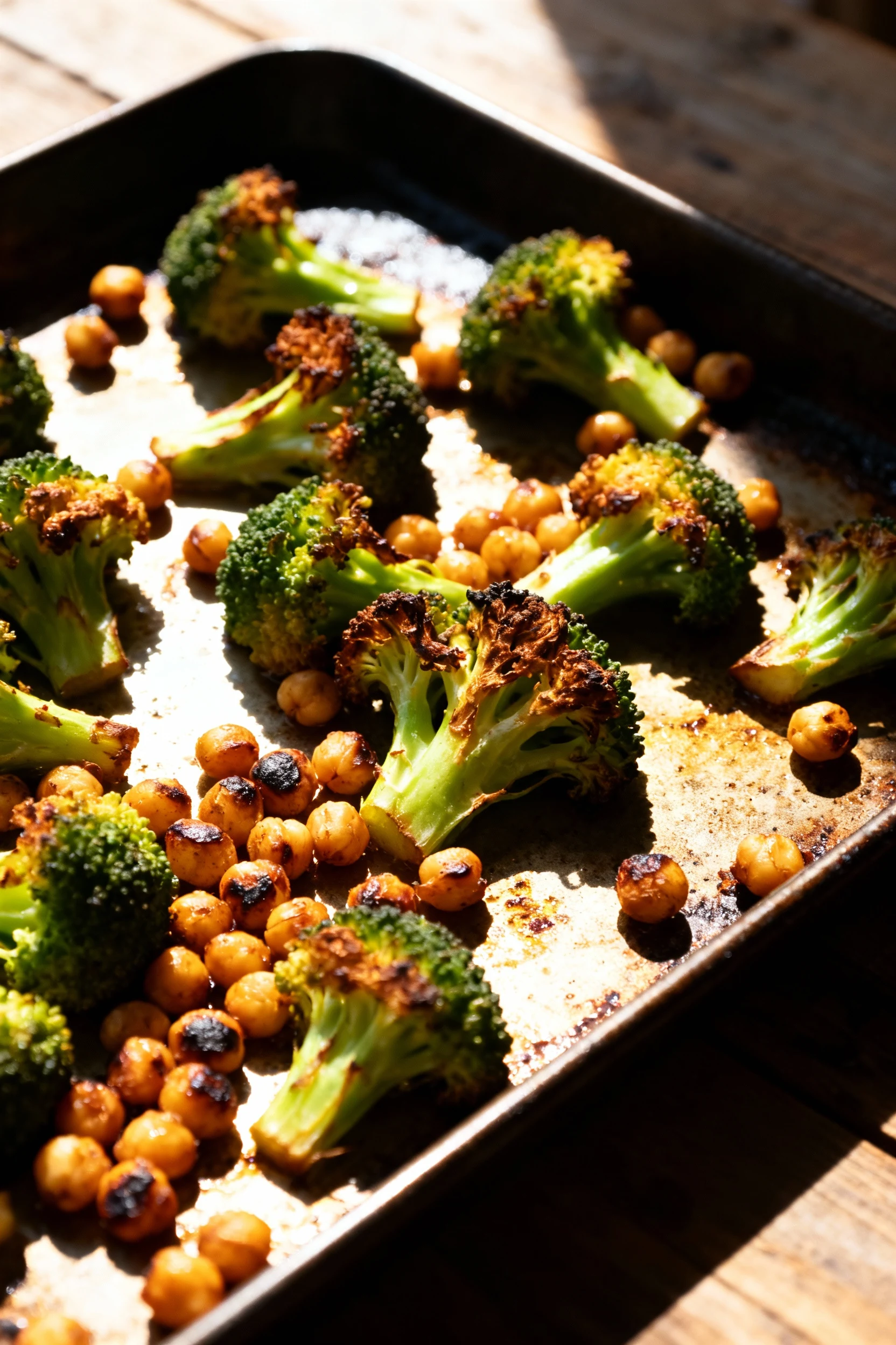 Process shot: mid-roast veggies only—broccoli with browned tips and chickpeas turning blistered and crisp on the hot she