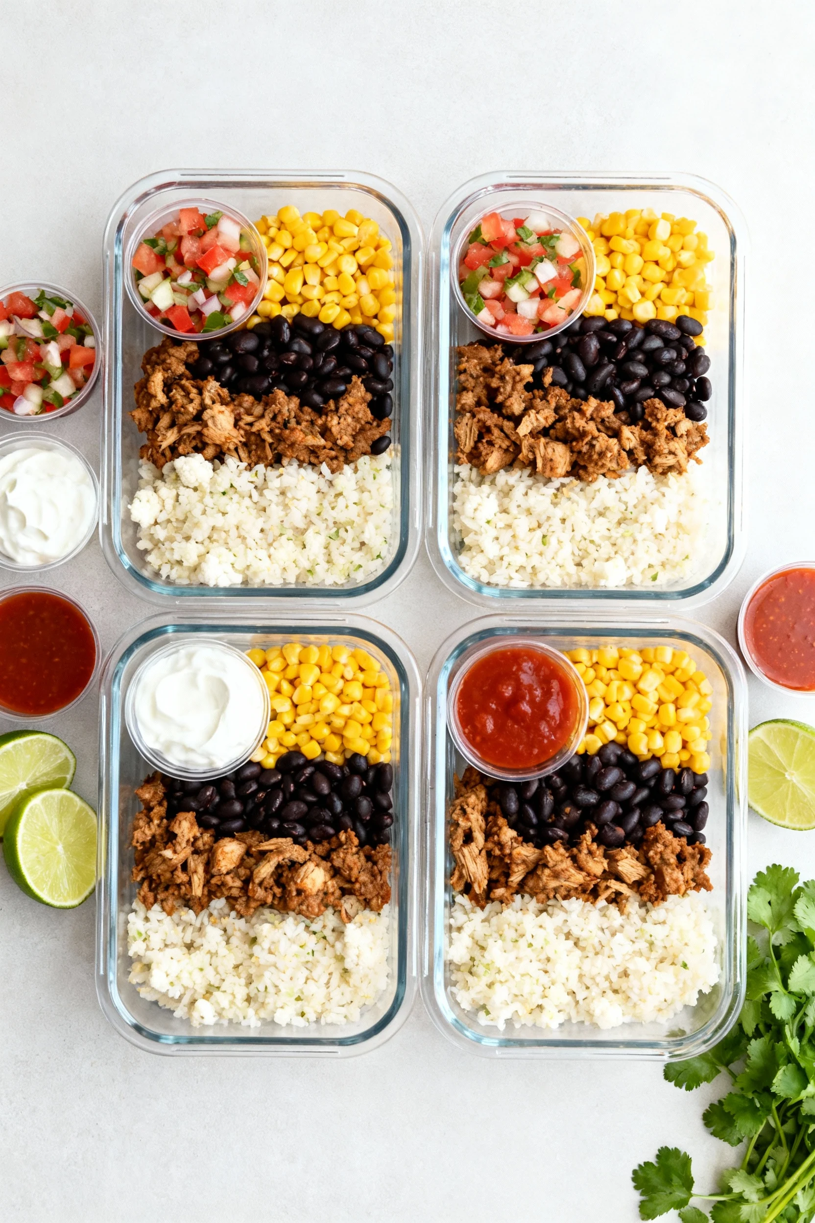 Meal prep top view: four airtight containers neatly packed with rice or cauliflower rice, turkey taco meat, black beans 