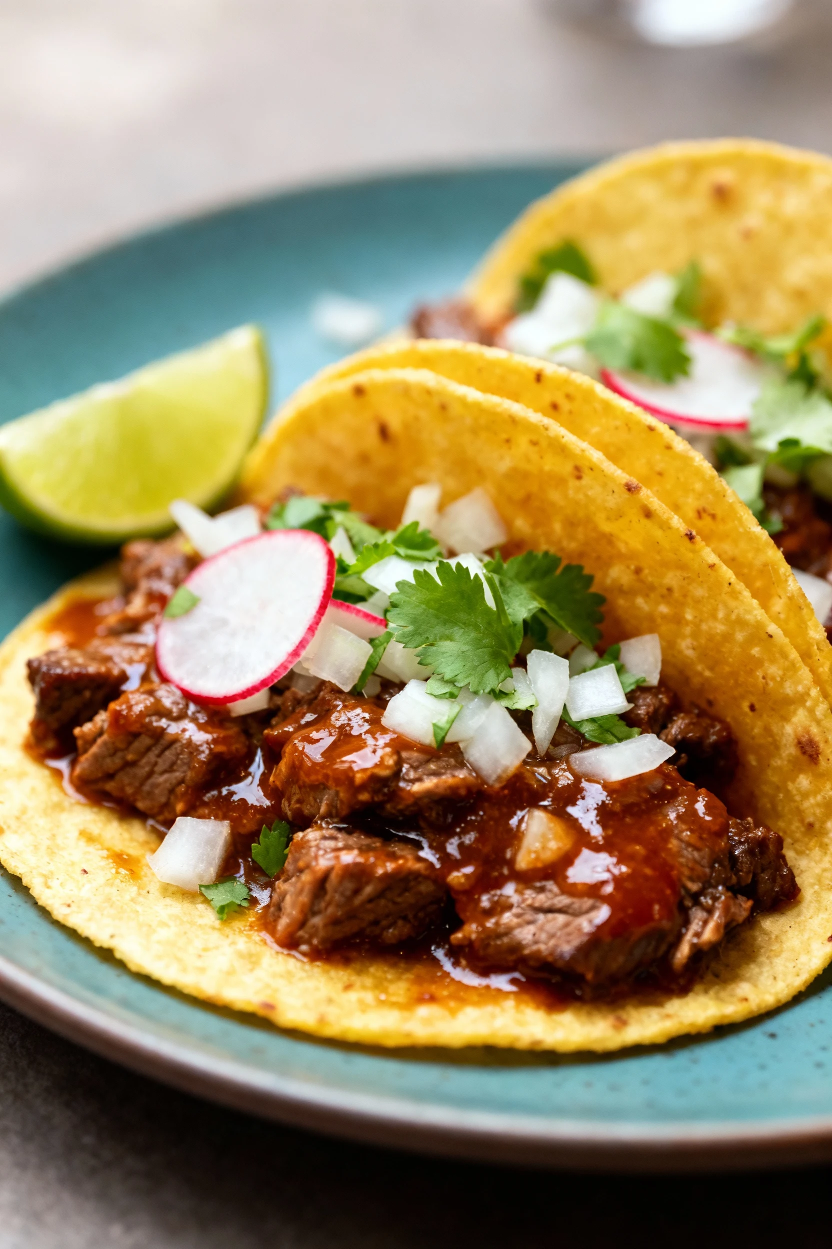 Beautifully plated street-style beef tacos on warm corn tortillas: saucy, glossy meat finished with lime; garnished with