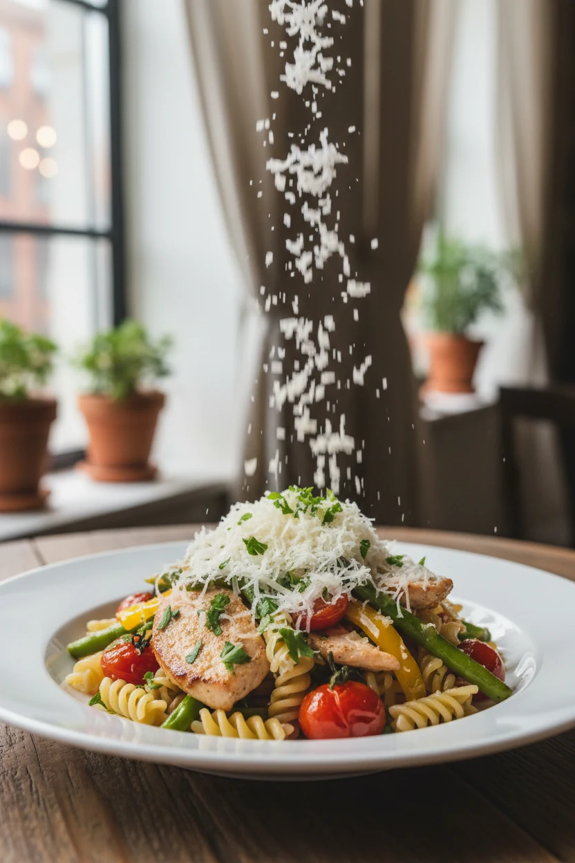 Beautifully plated chicken and vegetable pasta on a white ceramic plate, garnished with freshly grated parmesan and brig