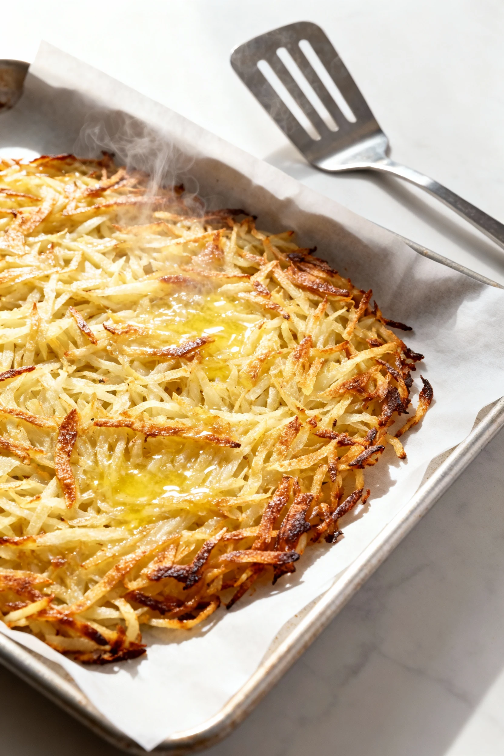 Food photography, Process shot of pre-crisped shredded hash browns after 18–22 minutes at 400°F: parchment-lined sheet p