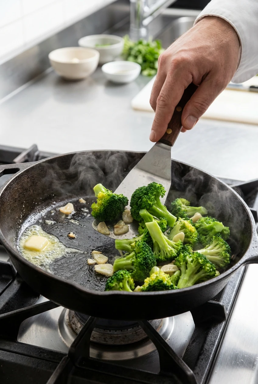 In-skillet cooking scene showing tender broccoli florets being tossed in melted butter and minced garlic, steam rising,