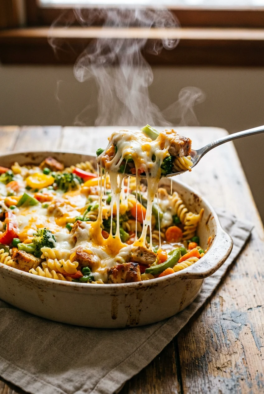 3. Side-angle shot of casserole fresh out of the oven with steam rising, gooey cheese stretching as a serving spoon lift