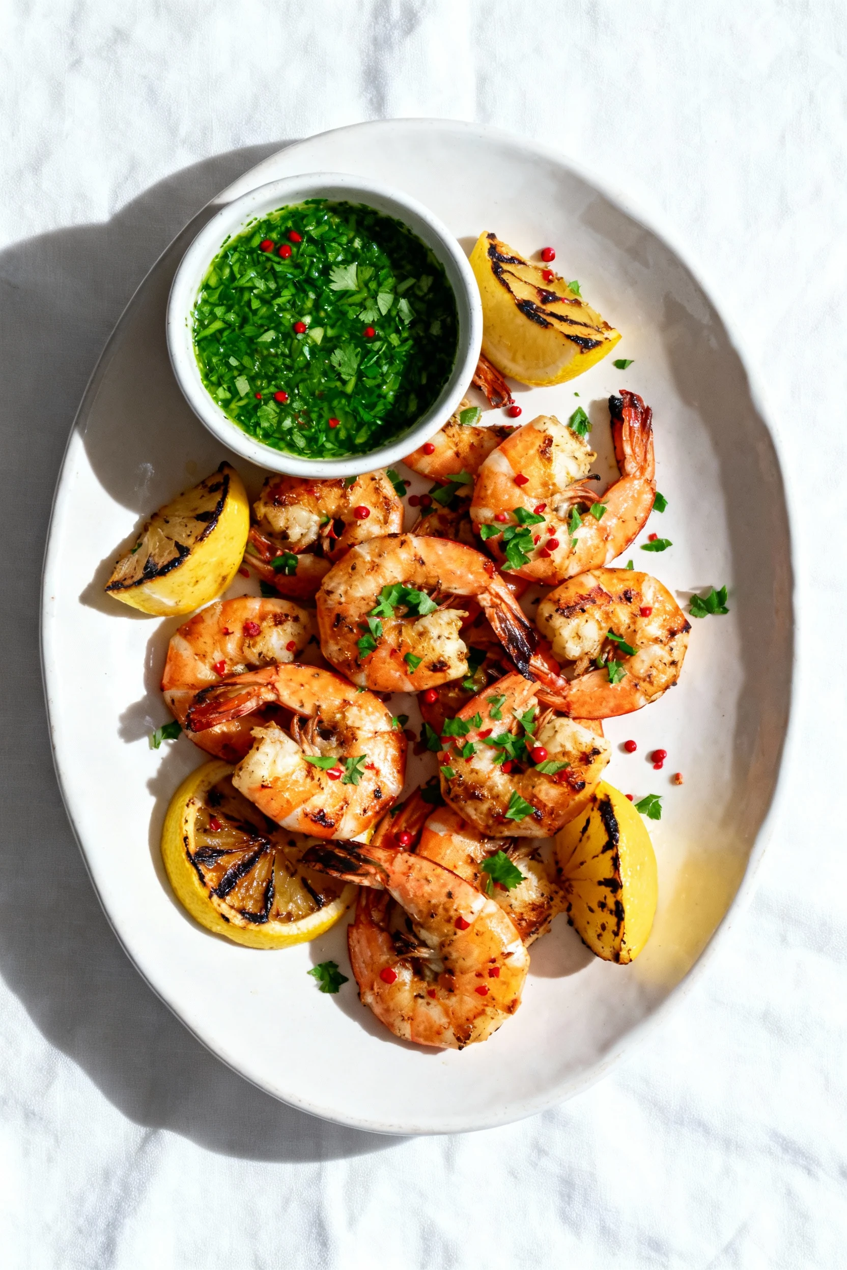 Overhead platter of grilled shrimp sprinkled with chopped parsley and red pepper flakes, served with charred lemon wedge