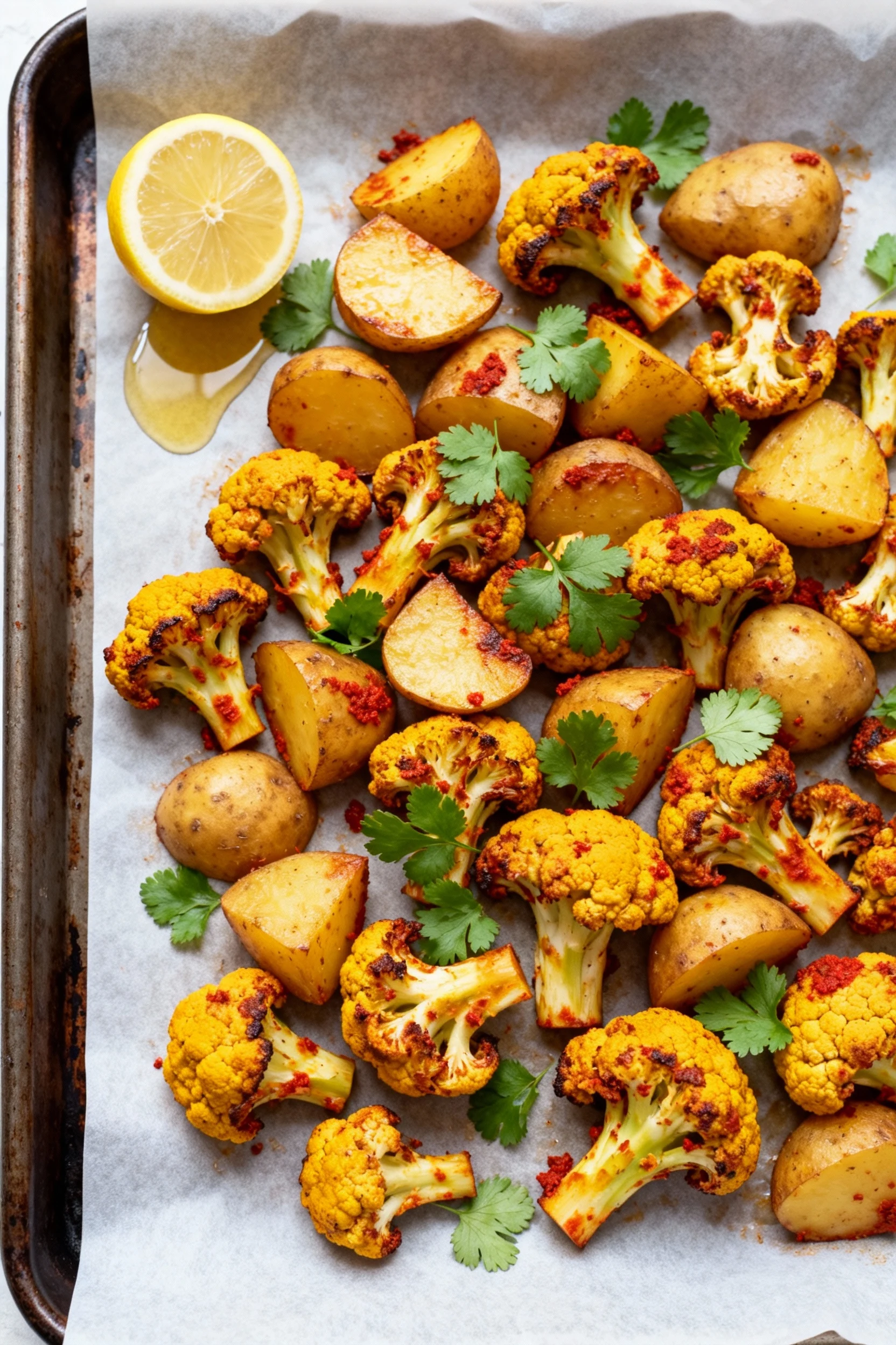 Overhead shot of roasted aloo gobi on a parchment-lined sheet pan: cauliflower and potato with crisp turmeric-stained ed