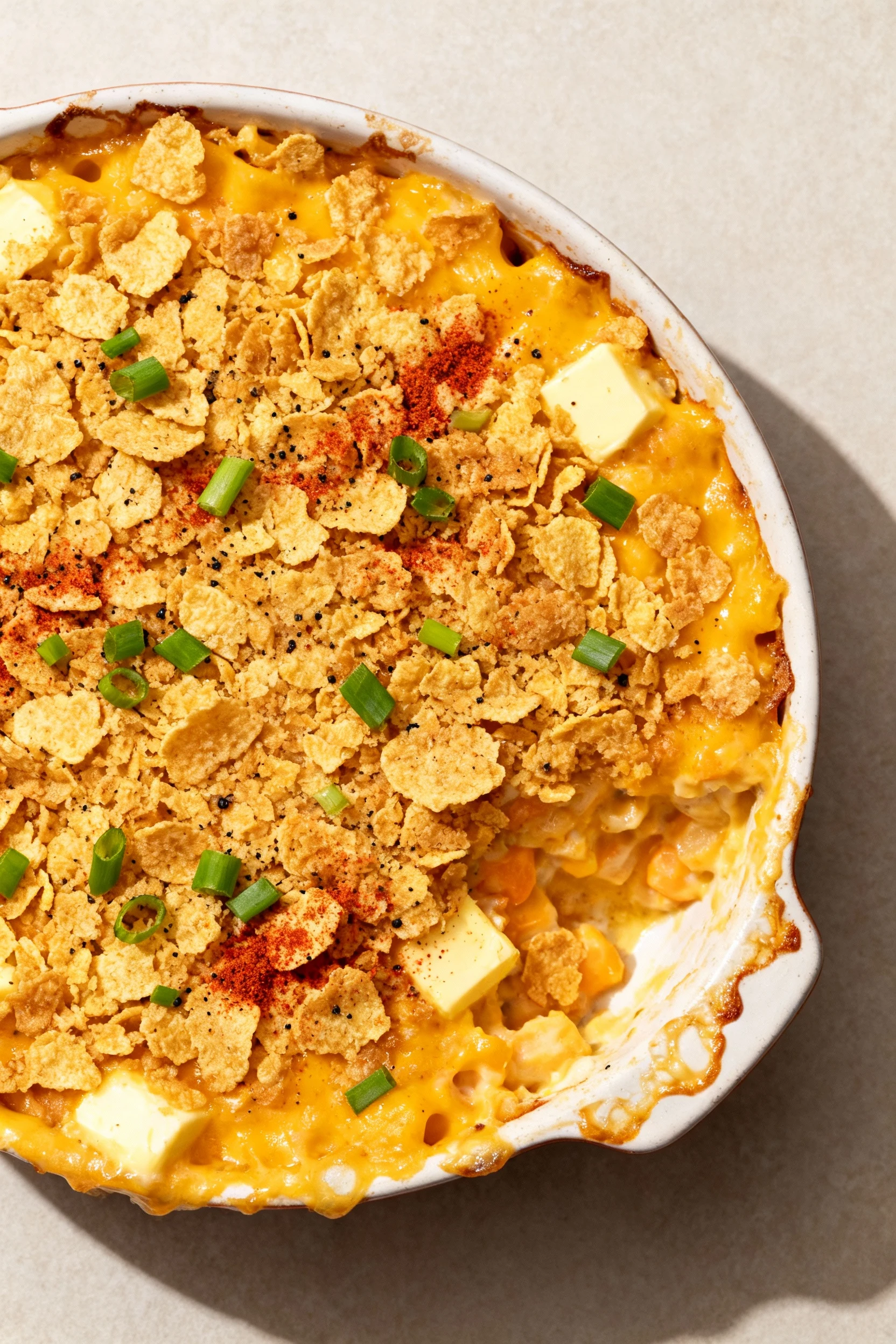 Top-down baked casserole: golden reserved-cheddar crust with buttered cornflake breadcrumb topping, paprika and black pe