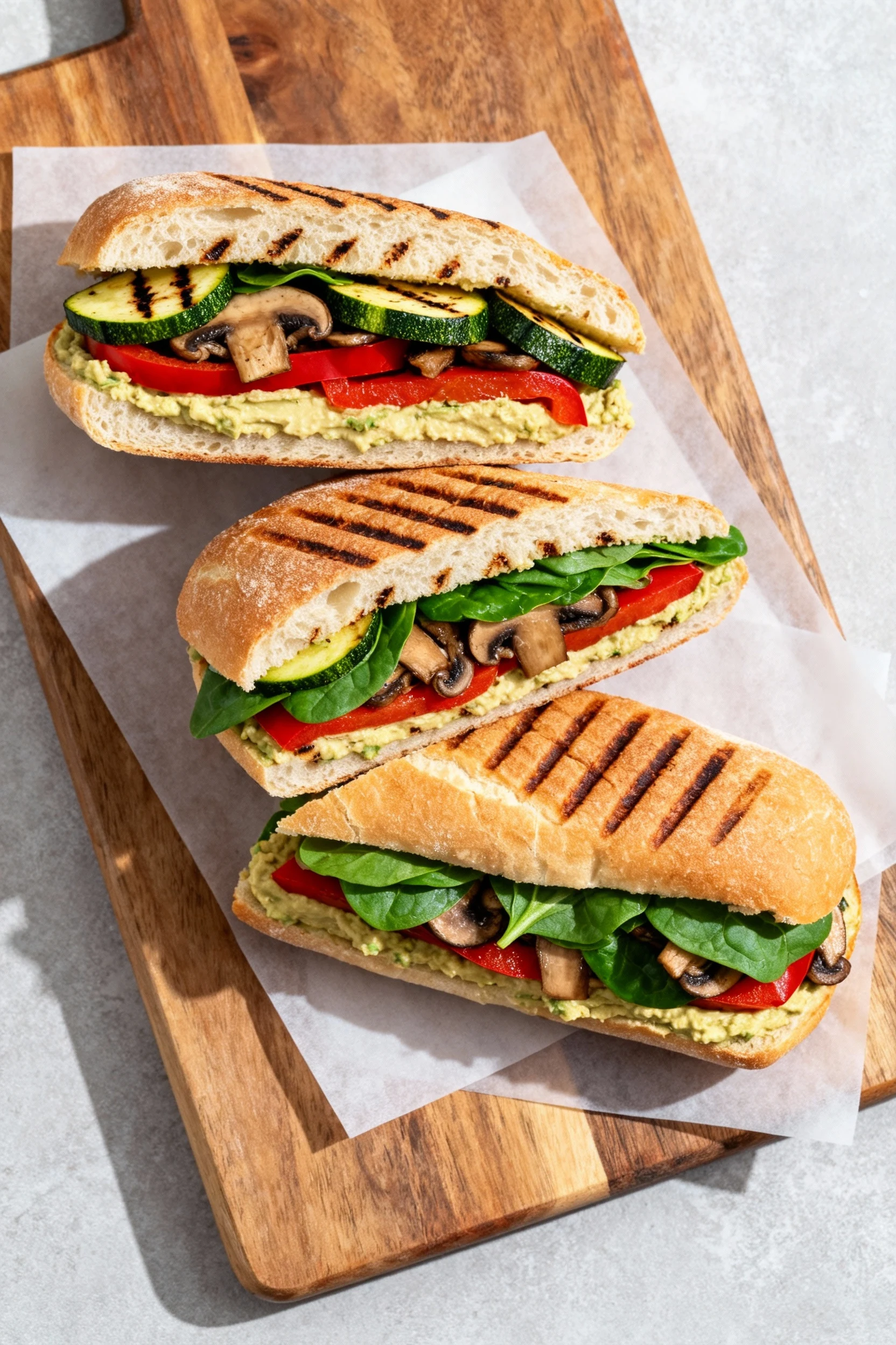 Overhead shot of Veggie Rainbow panini on ciabatta, top-down view of sliced halves showing charred zucchini, red bell pe