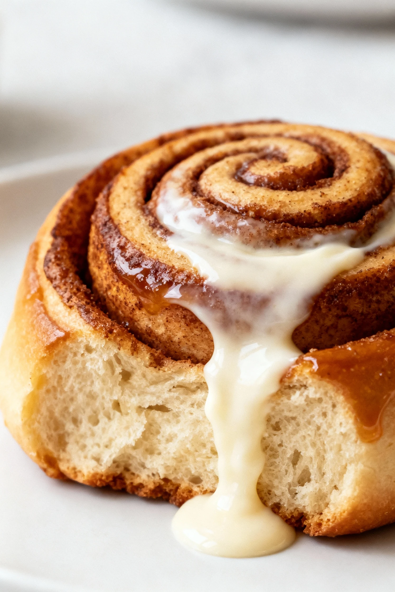 Close-up of warm cinnamon roll with cream cheese frosting melting into thick glossy ribbons, tight spiral layers, cinnam
