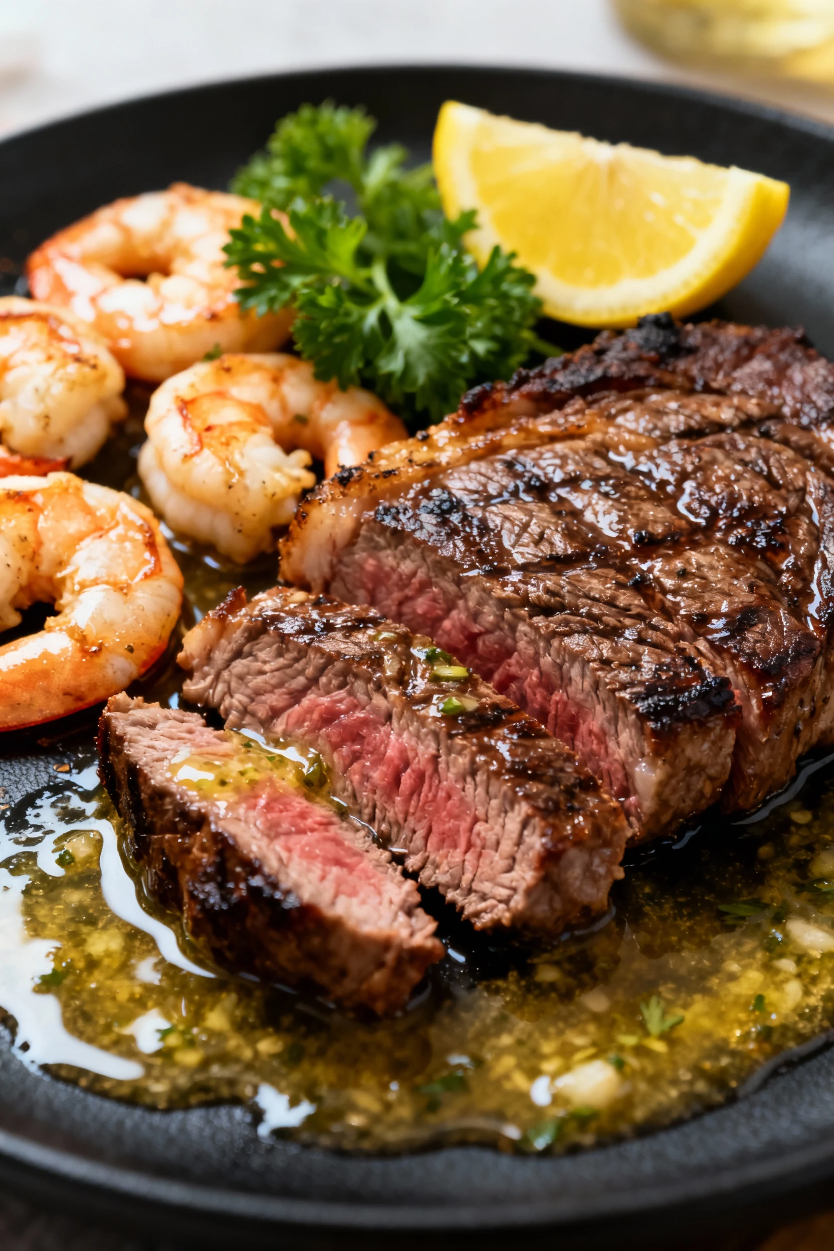 Final dish: sliced medium-rare ribeye with seared crust alongside juicy shrimp, glossy lemon-garlic butter pan juices, p