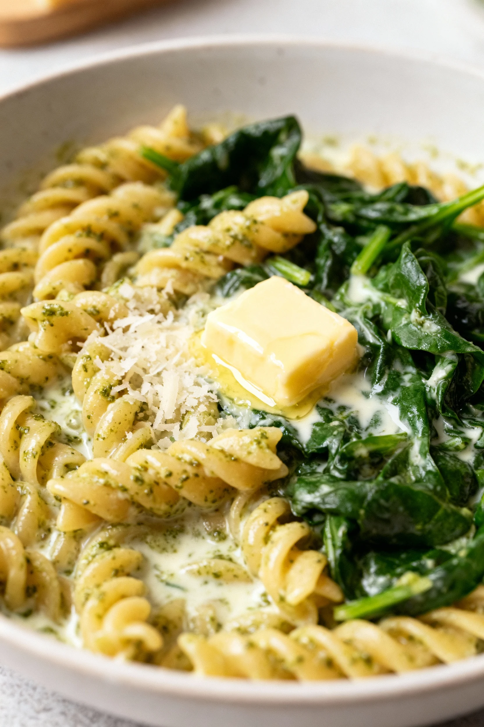 Low-heat finish: pesto and cream just stirred in, sauce emulsifying and clinging to fusilli; Parmesan and a pat of butte