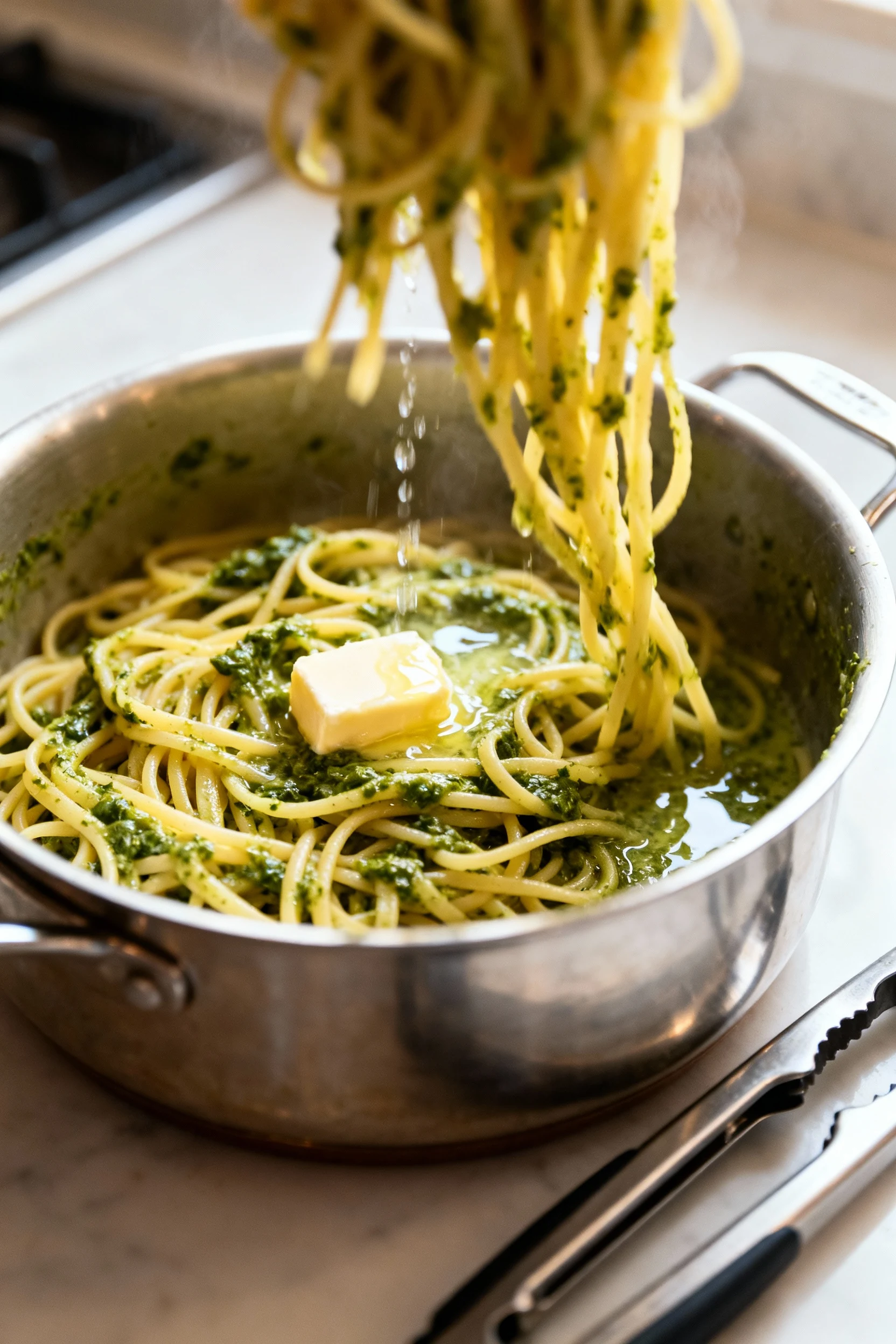 Pesto pasta being tossed off the heat: al dente linguine in a pot with thick basil pesto and a splash of starchy pasta w