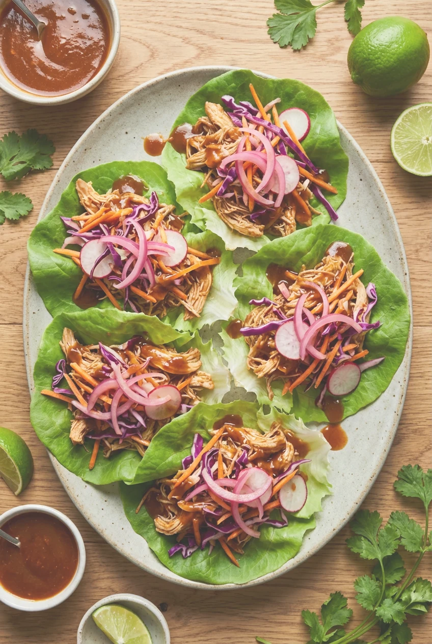 Overhead shot of lettuce-cup pulled chicken wraps on a matte ceramic platter, saucy shredded chicken topped with crunchy
