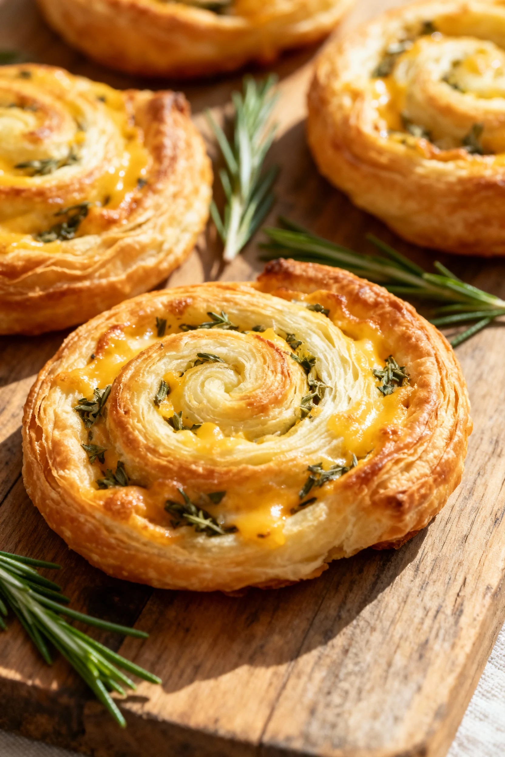 Close-up of golden-brown puff pastry pinwheels fresh from the oven, visible flaky layers with melted cheese and herb fil