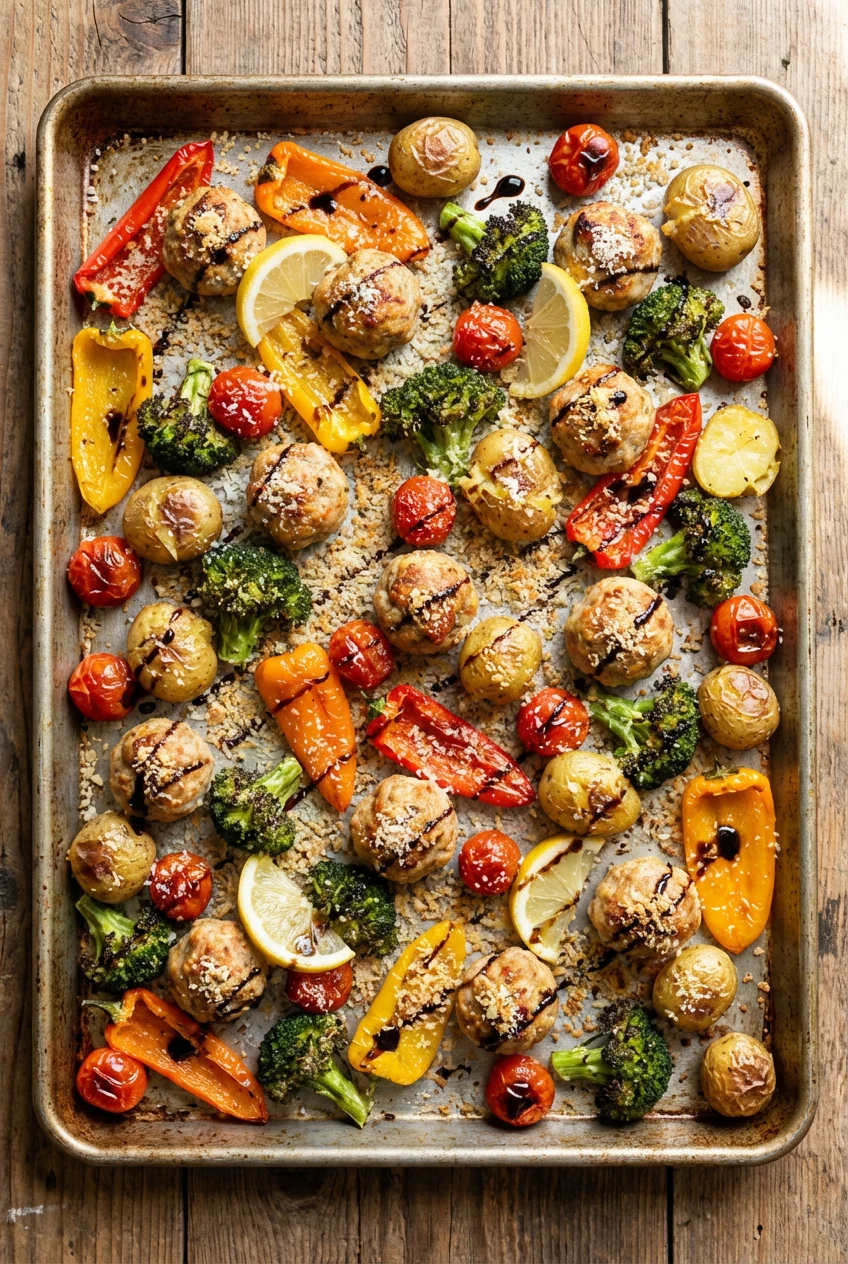 Tasty top view: Overhead of the finished sheet pan—golden meatballs, rainbow bell peppers, broccoli, baby potatoes with 