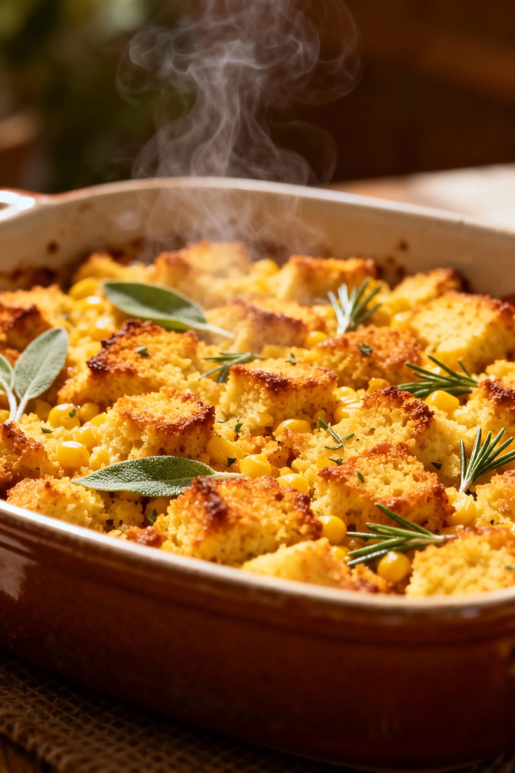 Close-up detail of golden-brown cornbread stuffing baked until crisp on top, flecked with fresh sage and rosemary, steam