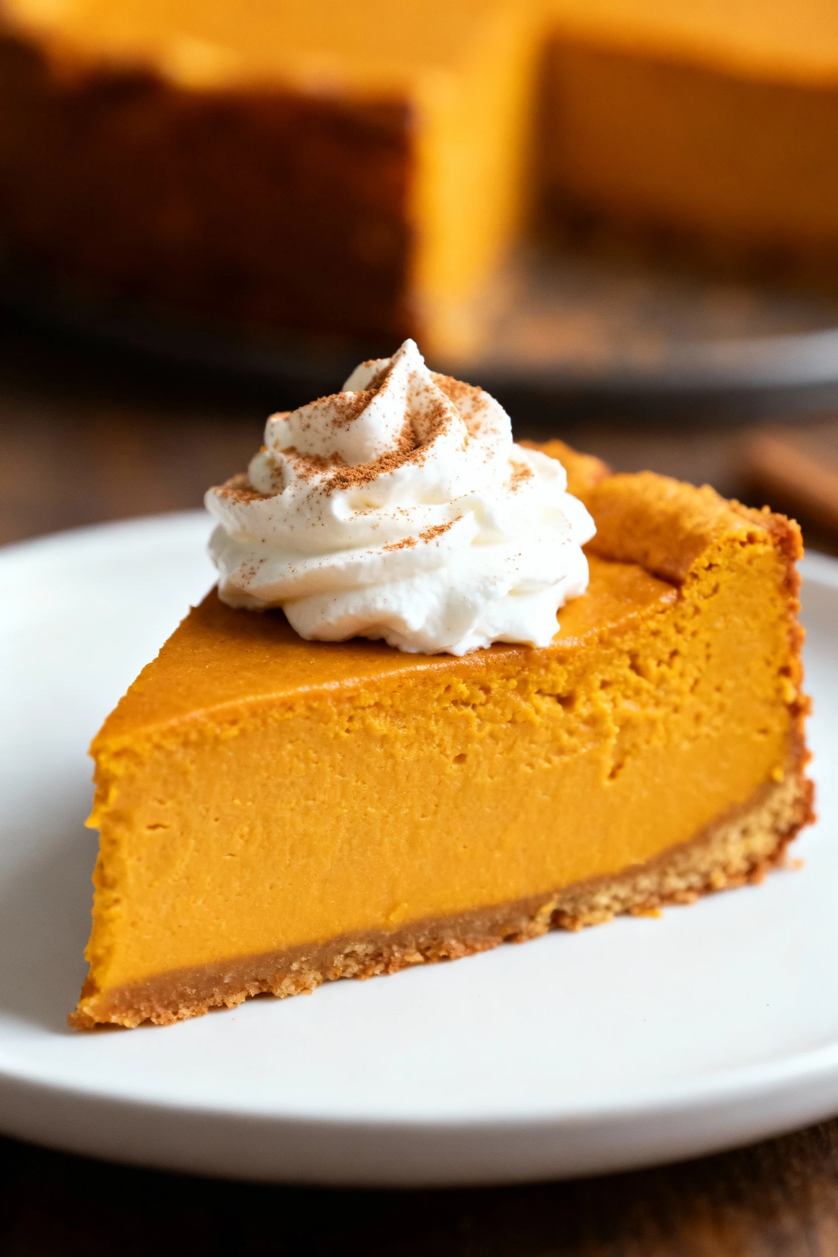 Close-up of a golden-brown pumpkin cheesecake slice with a perfectly smooth, creamy interior, topped with a dollop of fr