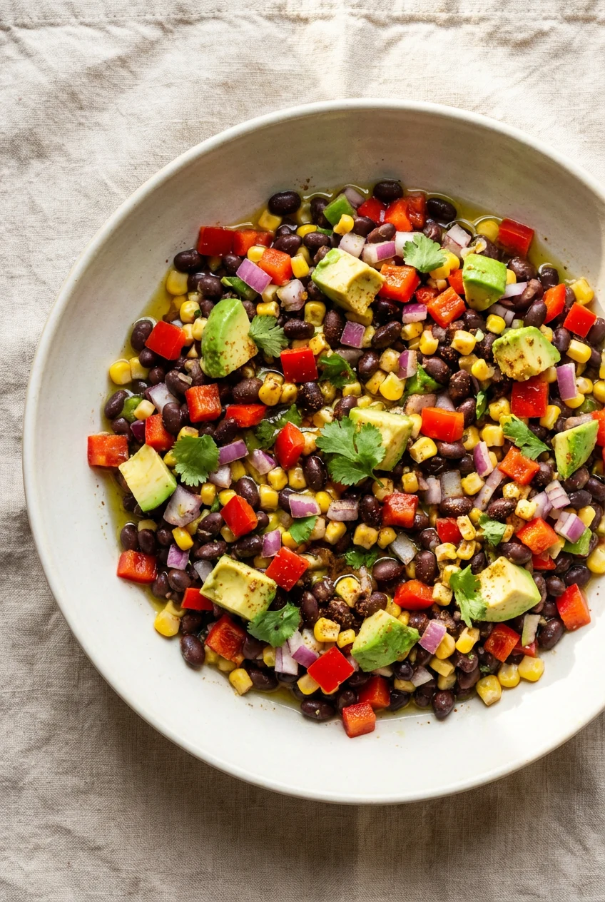 Overhead shot of the finished black bean salad after its 10–15 minute rest, avocado folded in just before serving; unifo