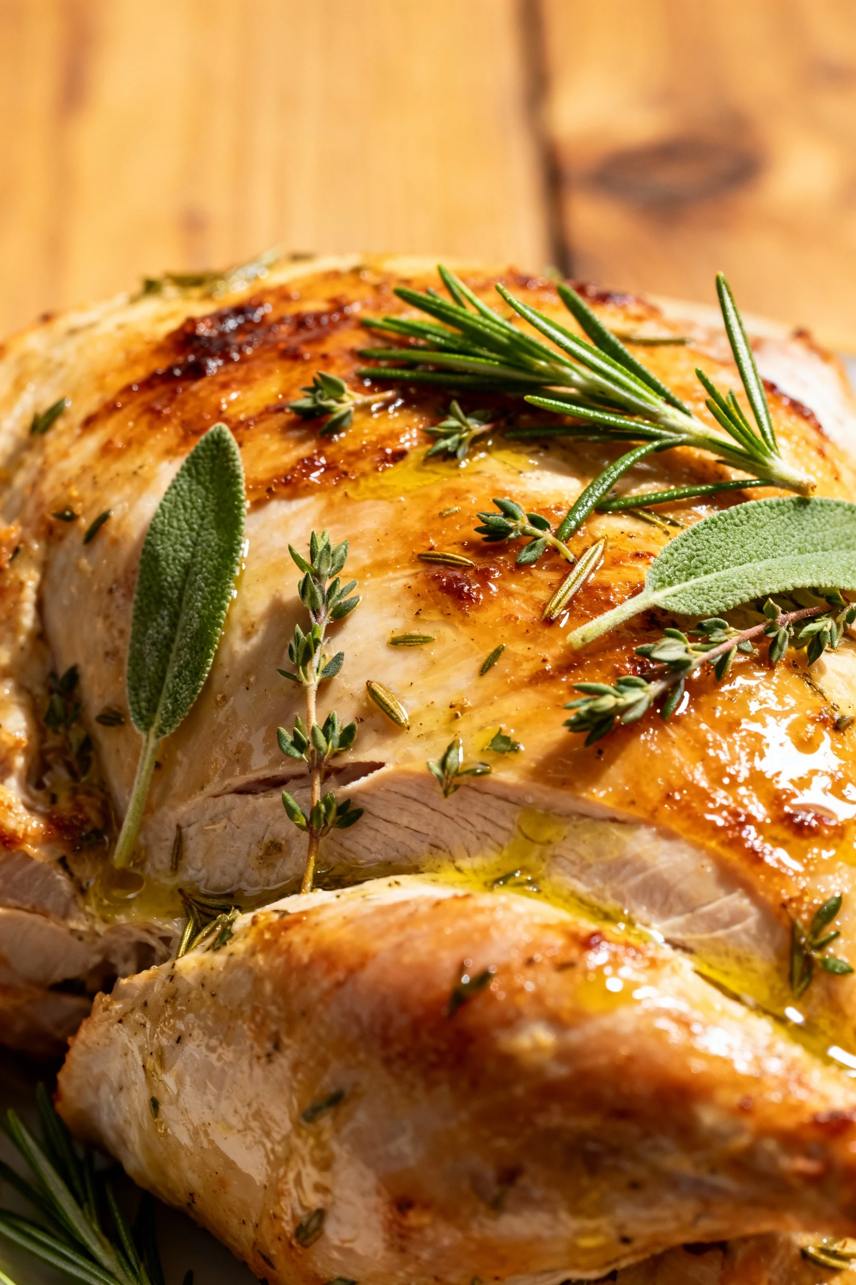 Close-up of juicy roasted turkey breast glazed with olive oil and speckled with rosemary, thyme, and sage leaves, golden