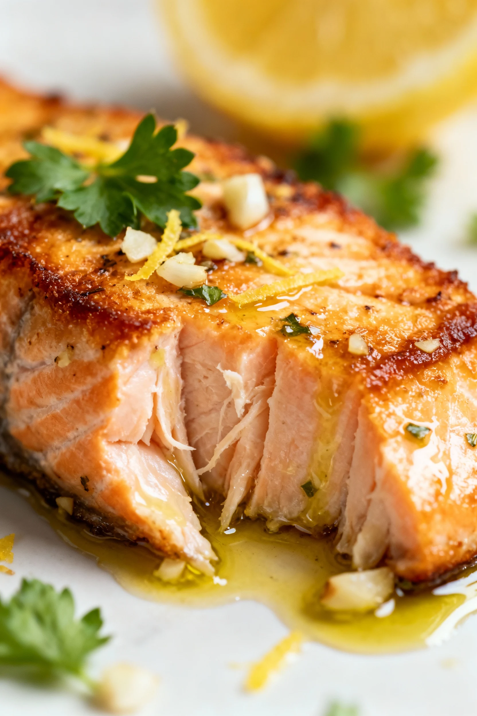 Close-up of crispy air-fried salmon fillet with golden edges and tender, flaky interior, glistening with olive oil and s