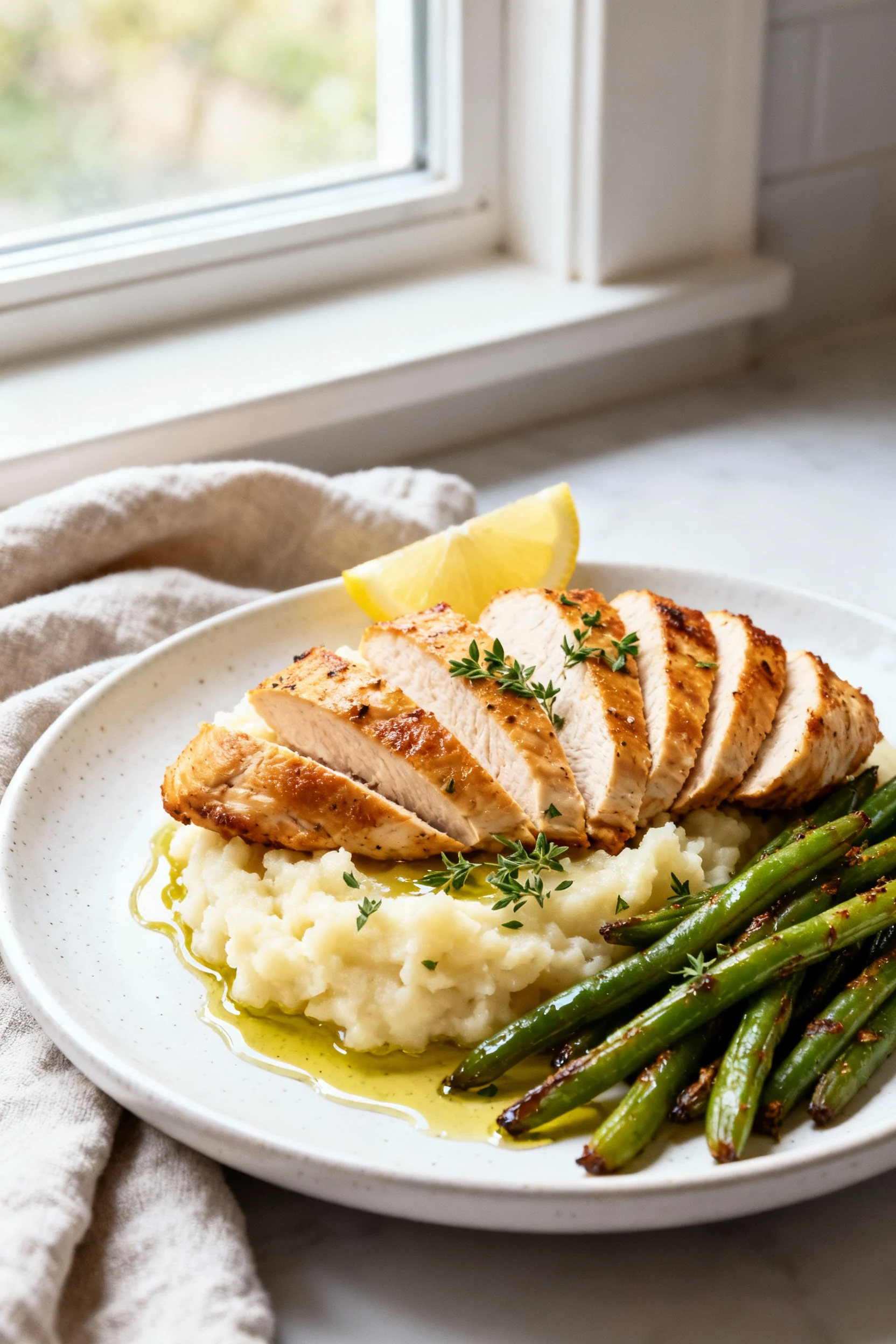 Beautifully plated air fryer chicken breast, sliced and fanned over mashed potatoes with roasted green beans; olive oil