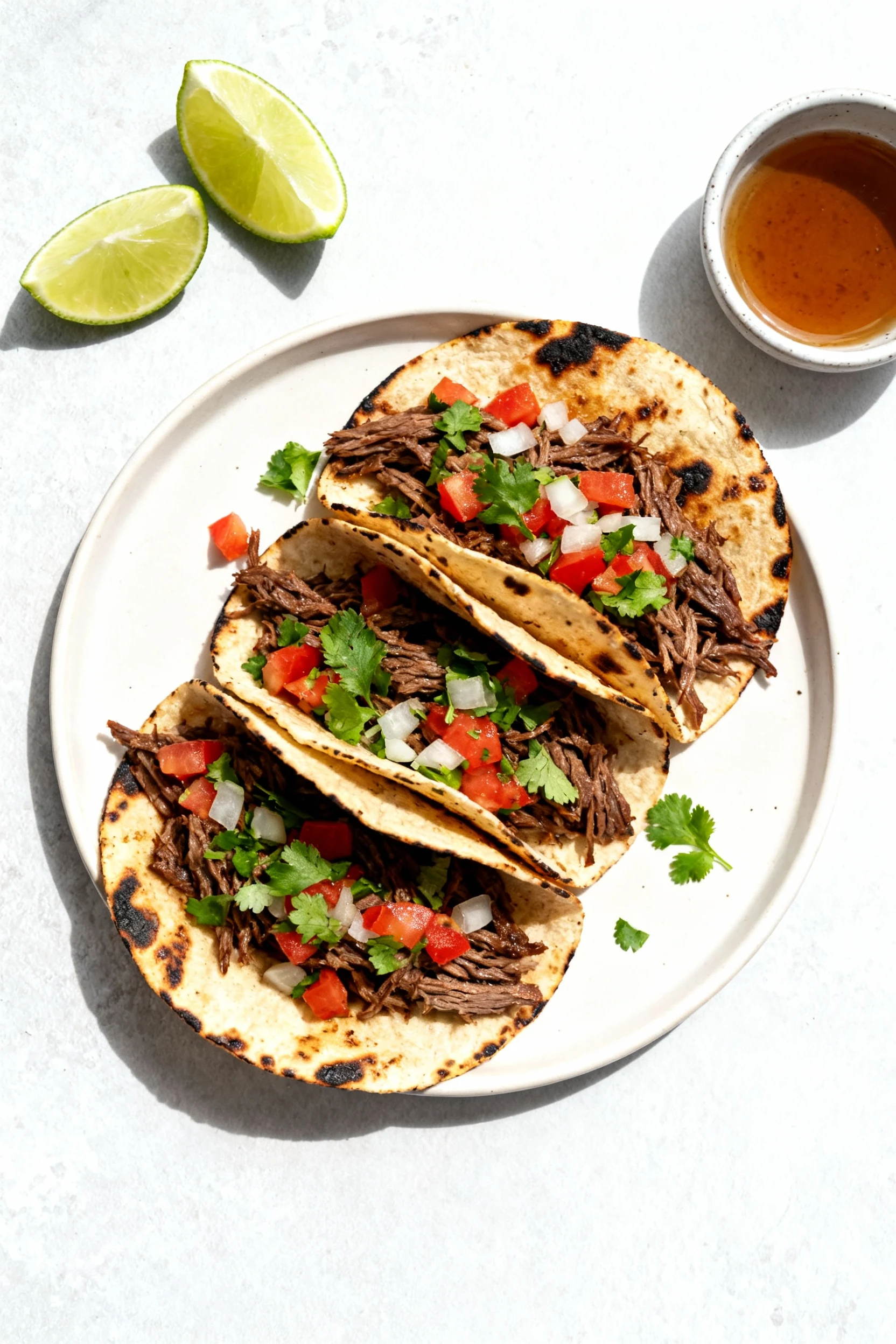 3. Tasty top view: overhead shot of Taco Shredded Beef—charred tortillas loaded with lime-finished shredded chuck, diced
