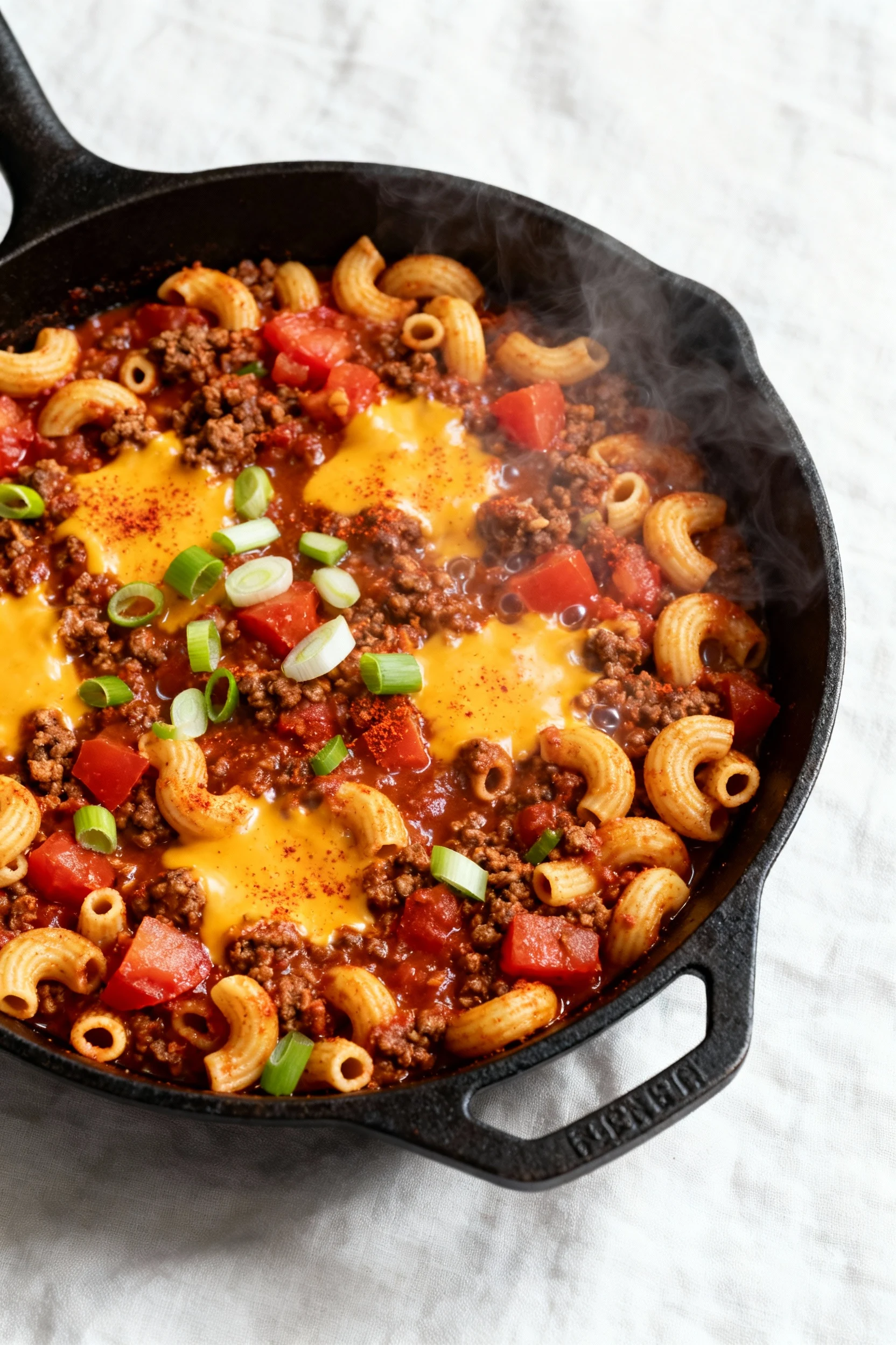 Final skillet: One-Pot Chili Mac in cast iron—elbow pasta coated in tomato-chili beef, pools of melty cheddar, diced tom