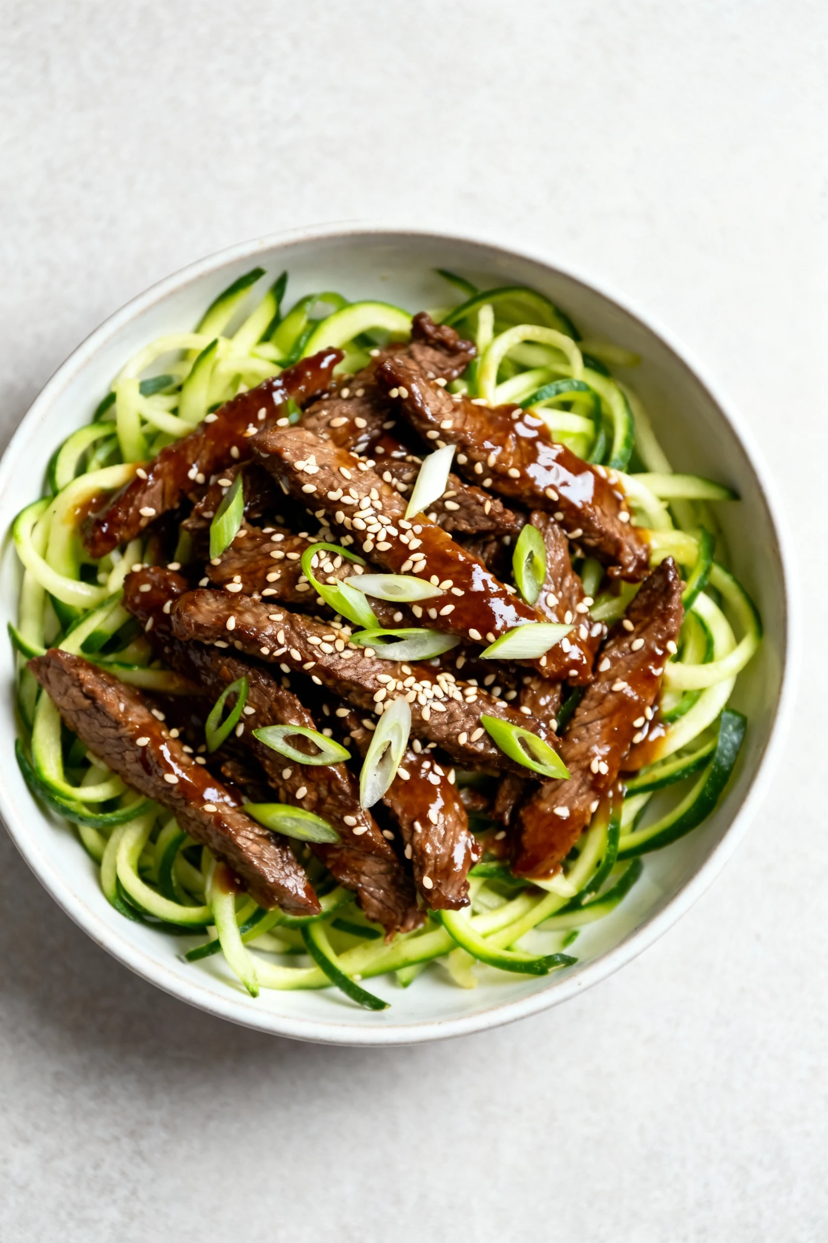 Overhead shot of Teriyaki Beef Zucchini Noodles—beef strips and zoodles coated in low-sugar teriyaki, glossy sheen, sesa