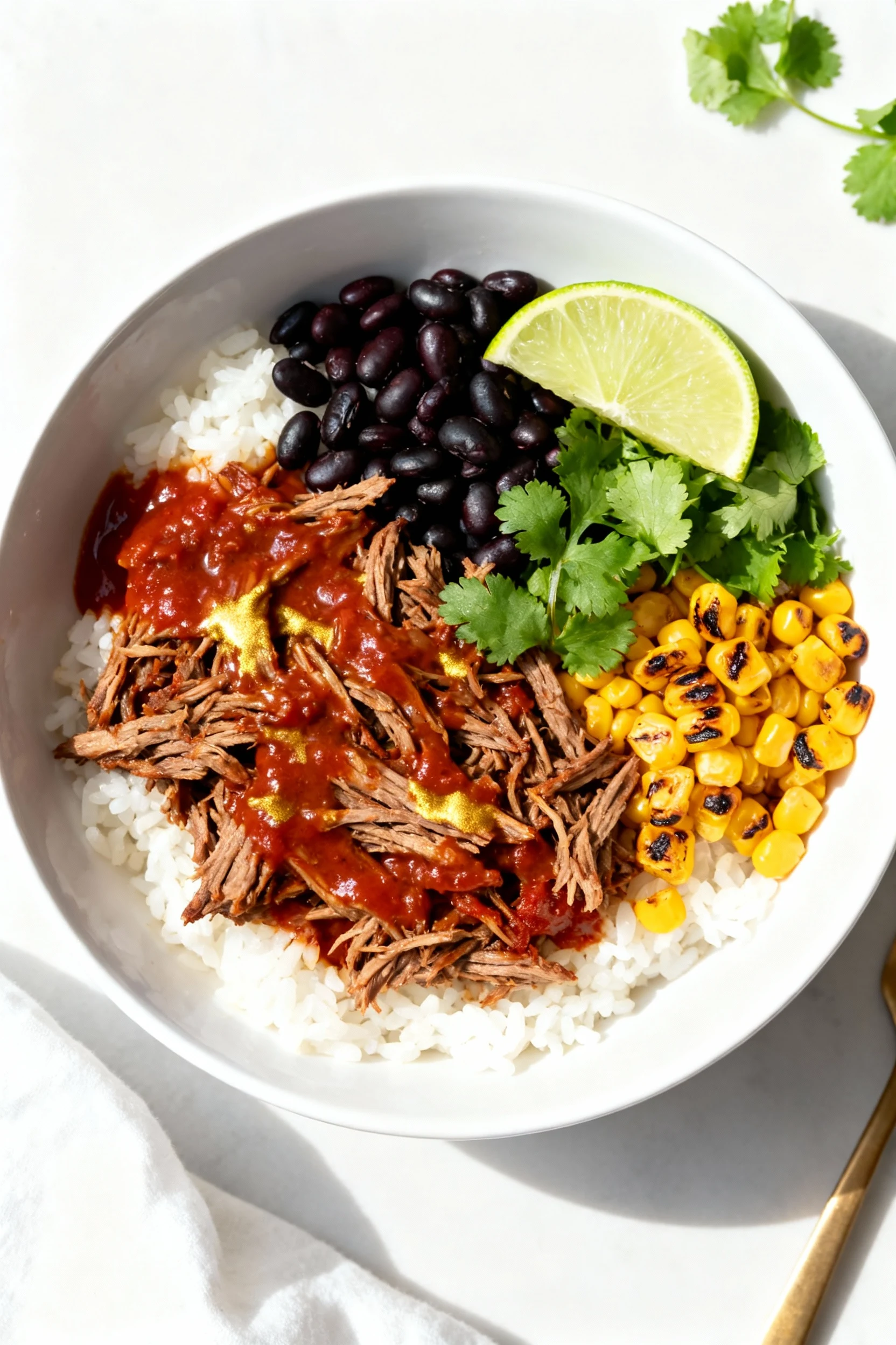 Tasty top view: overhead rice bowl topped with shredded slow-cooker beef, black beans, charred corn, cilantro, and a lim