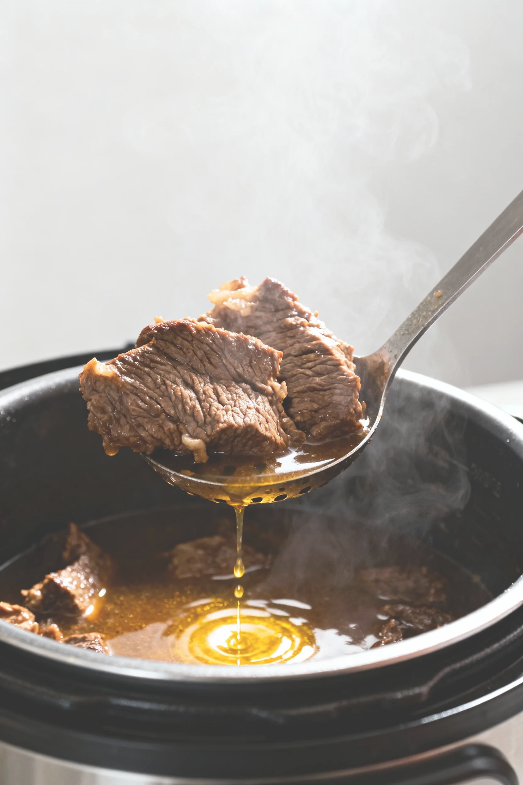 Process shot of cooked beef being lifted from the Instant Pot with a slotted spoon, sauce clinging to the meat, golden o