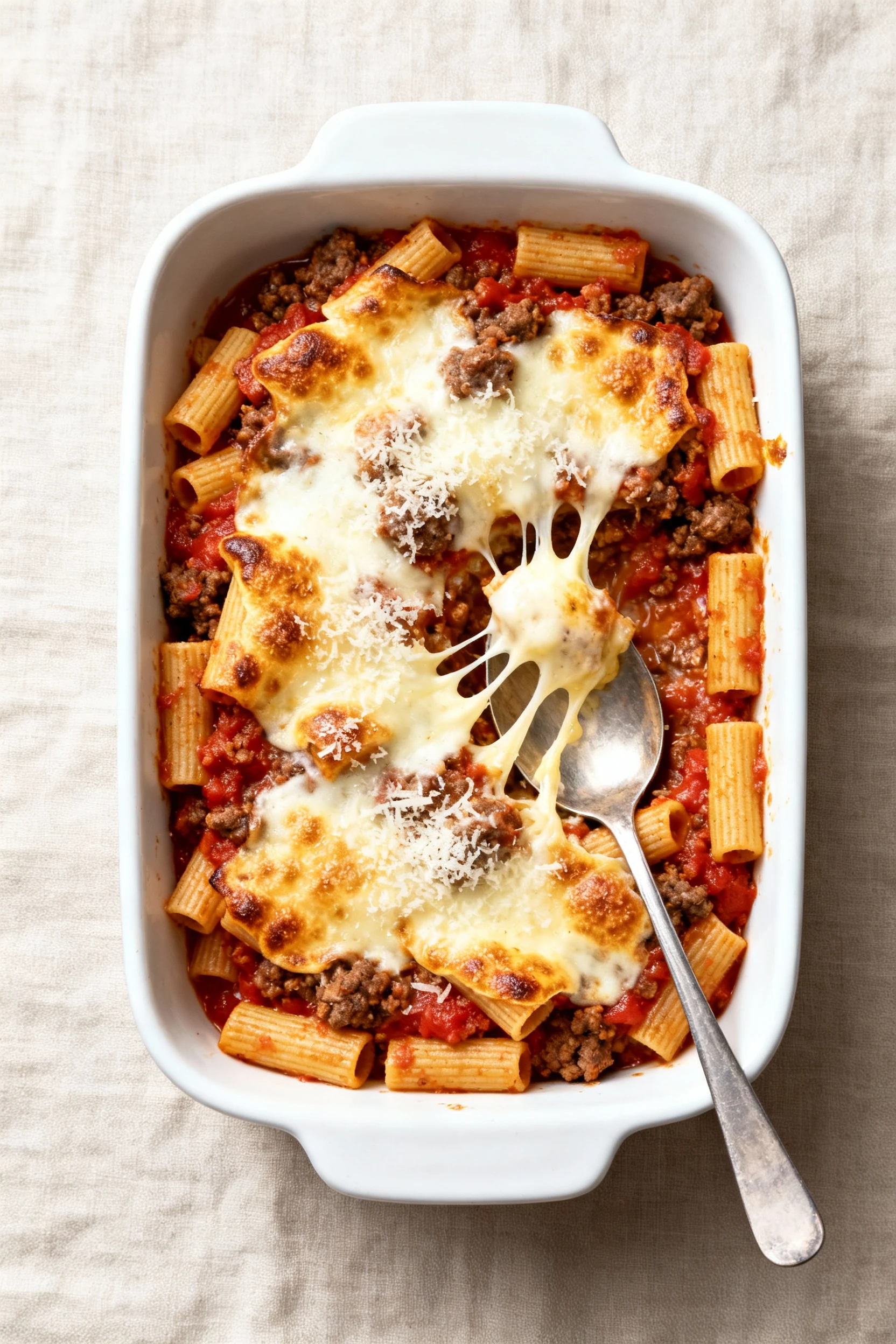 Tasty top view: Weeknight Pasta Bake—overhead shot of bubbling mozzarella and Parmesan with golden blisters over short p