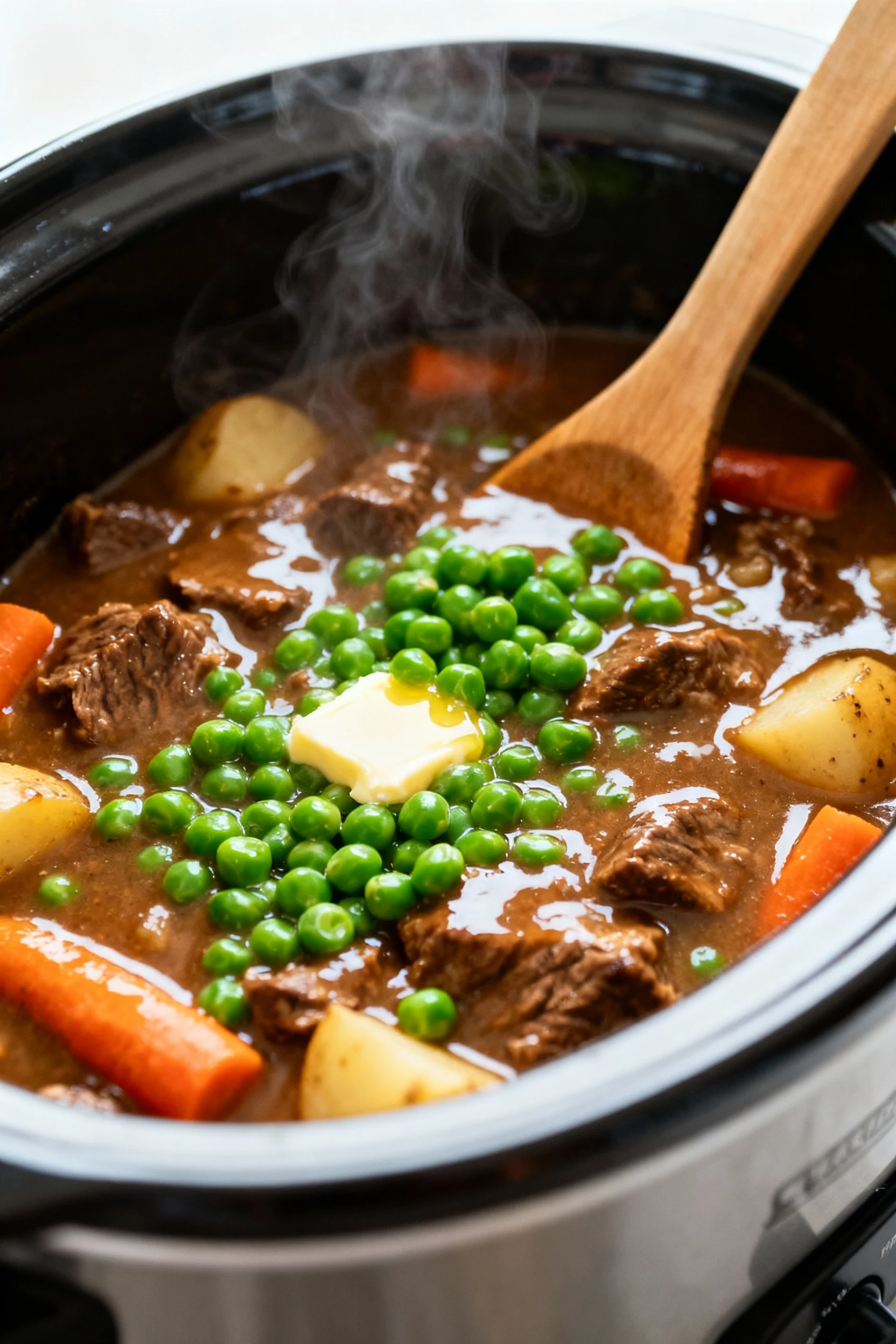 Finishing step in the slow cooker: vivid green peas just stirred into thickened, glossy beef gravy with a small pat of b