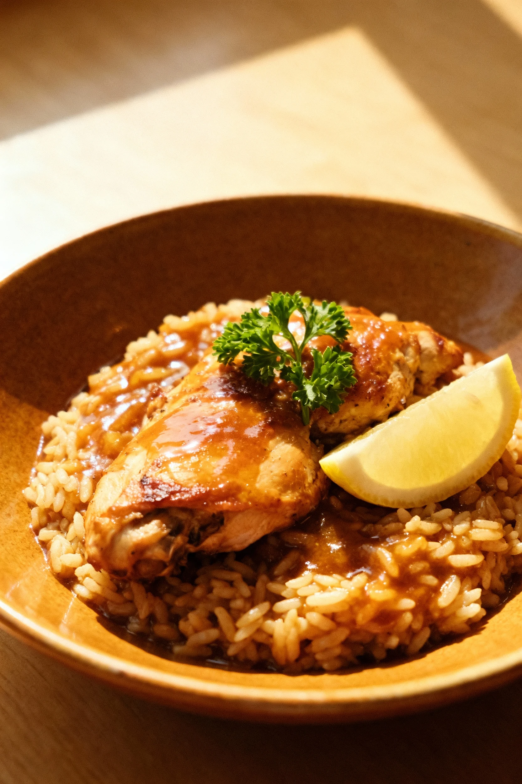 3. Beautifully plated bowl of chicken and rice with glossy built-in sauce; lemon wedge and parsley garnish on warm ceram