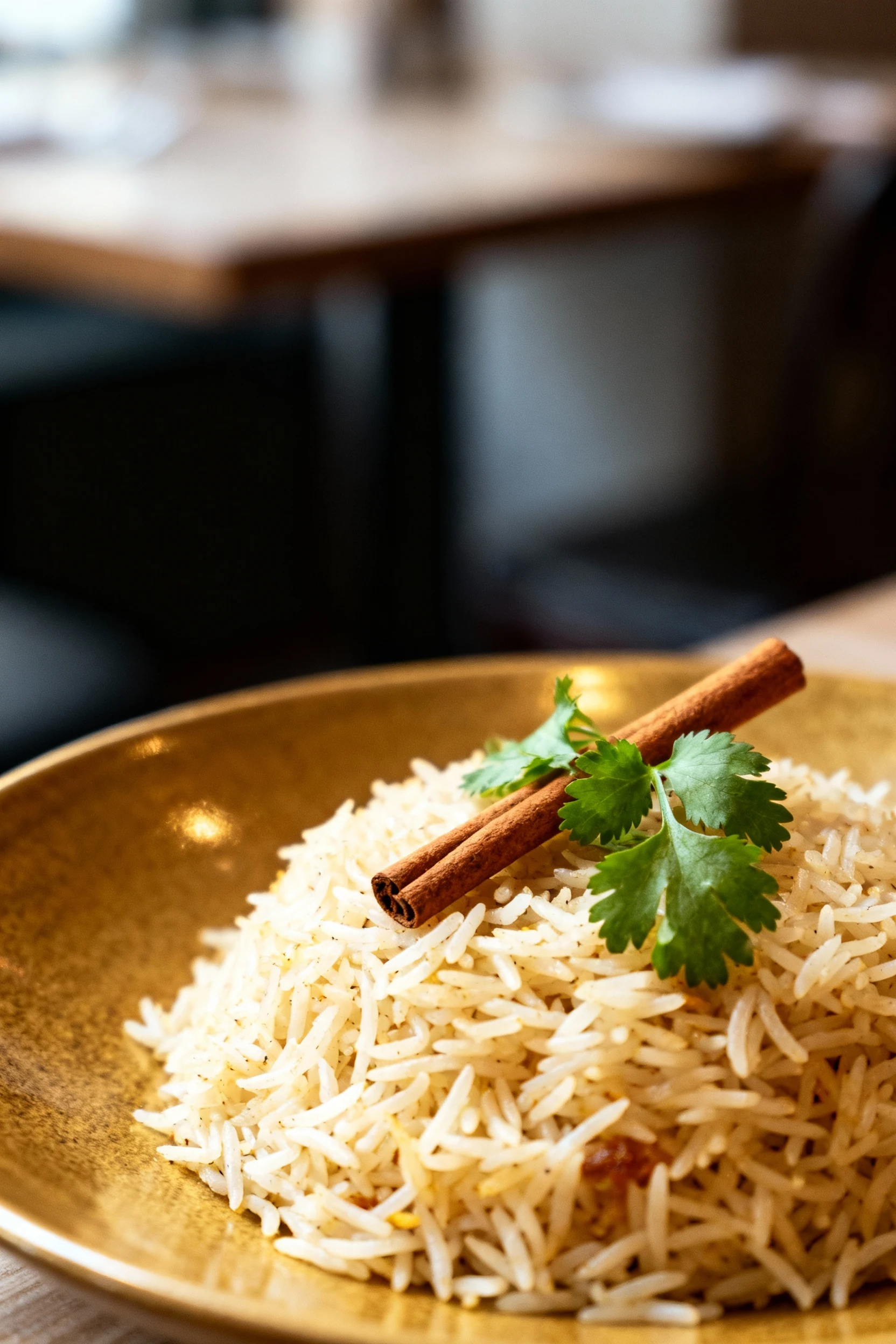 Beautifully plated Basmati rice with a delicate cinnamon stick garnish and sprigs of fresh cilantro, served on a matte c