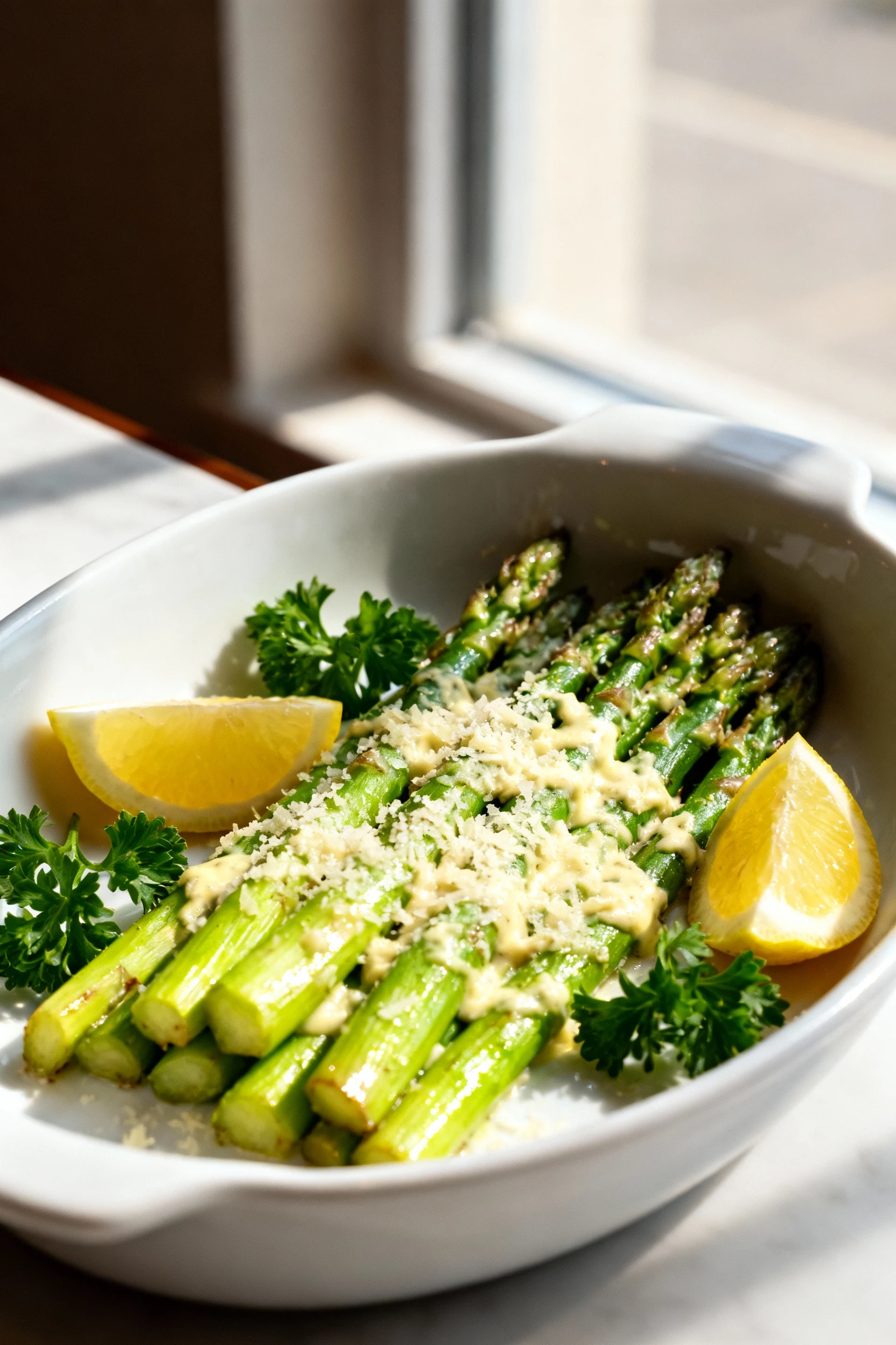 Elegant plated serving of garlic-Parmesan asparagus on a white ceramic dish, garnished with fresh parsley and lemon wedg