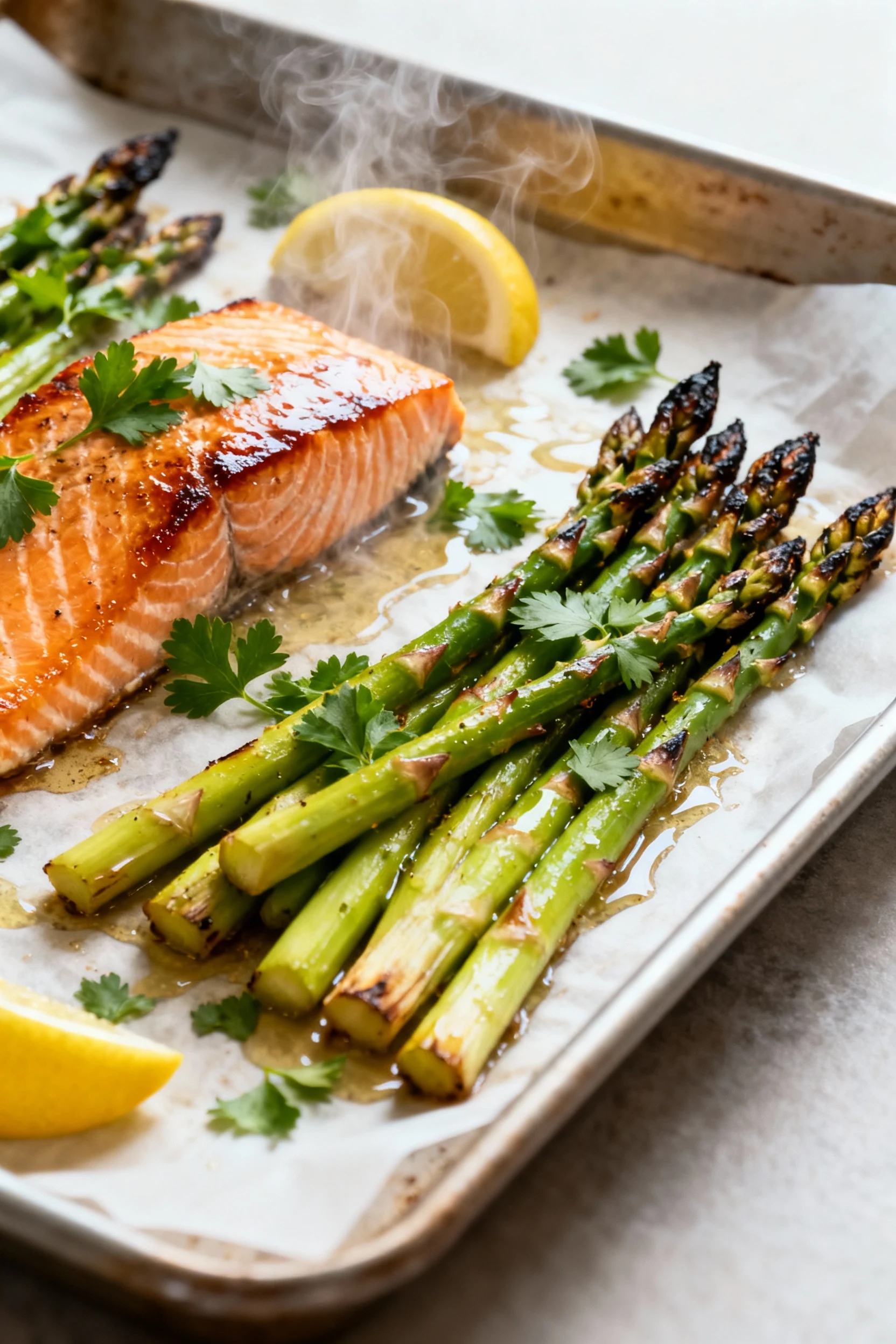 Three-quarter process shot: sheet pan just out of the oven after a brief broil, salmon edges lightly caramelized, aspara
