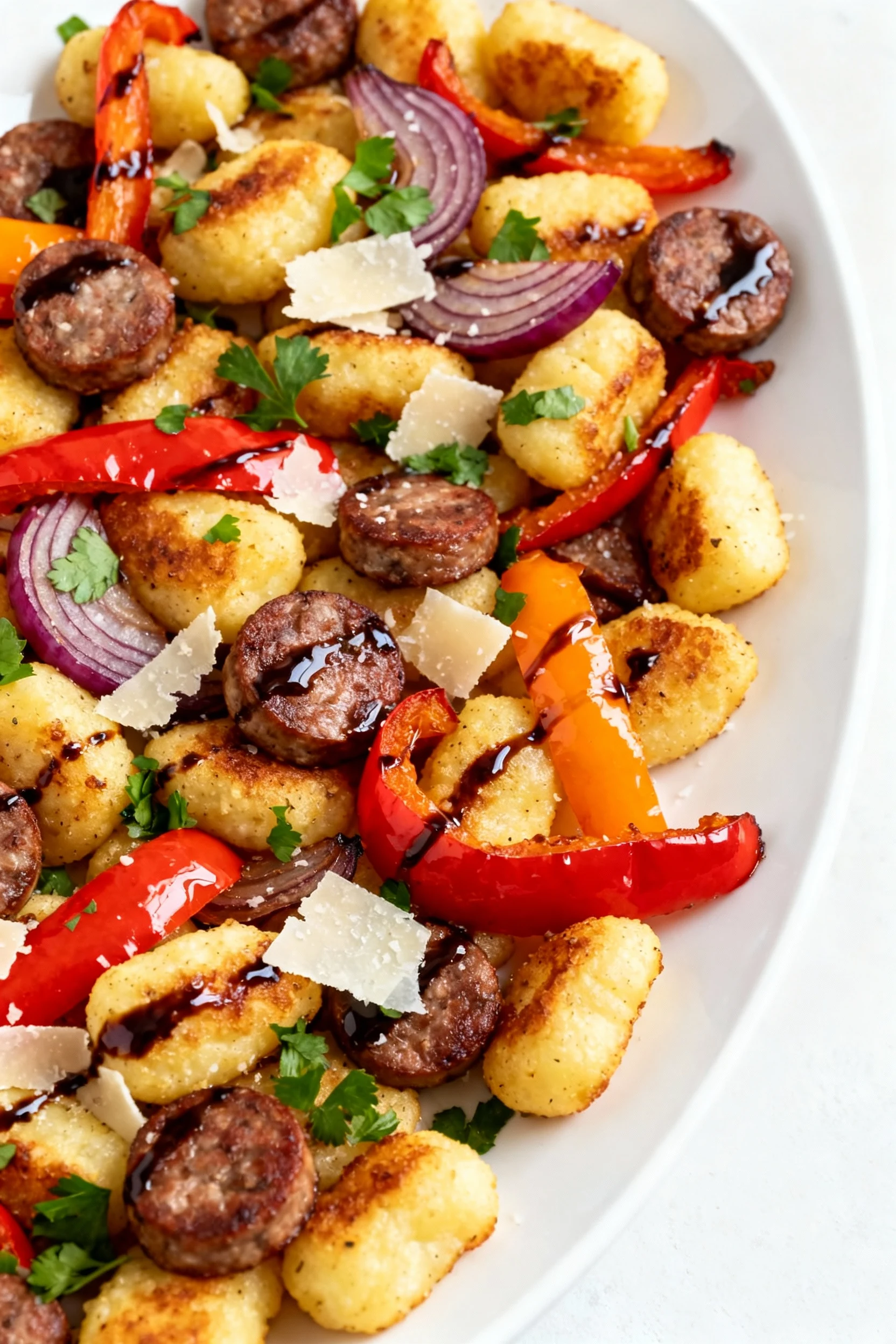 Beautifully plated Sheet-Pan Sausage & Peppers Gnocchi on a white oval platter, roasted gnocchi with crunchy edges, cara