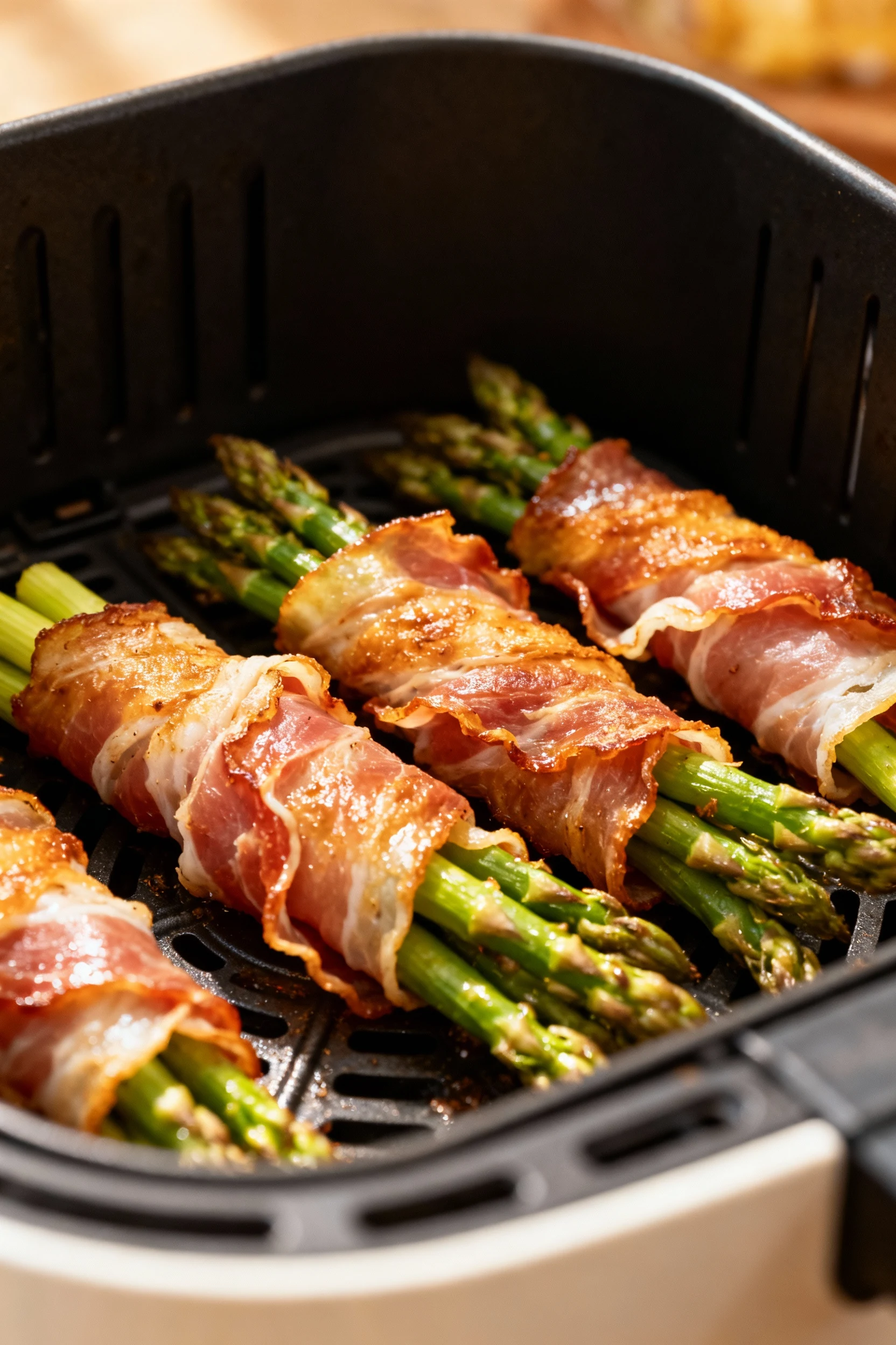 Prosciutto wrapped asparagus in an air fryer basket mid-cook, prosciutto sizzling and slightly curled, vibrant green asp