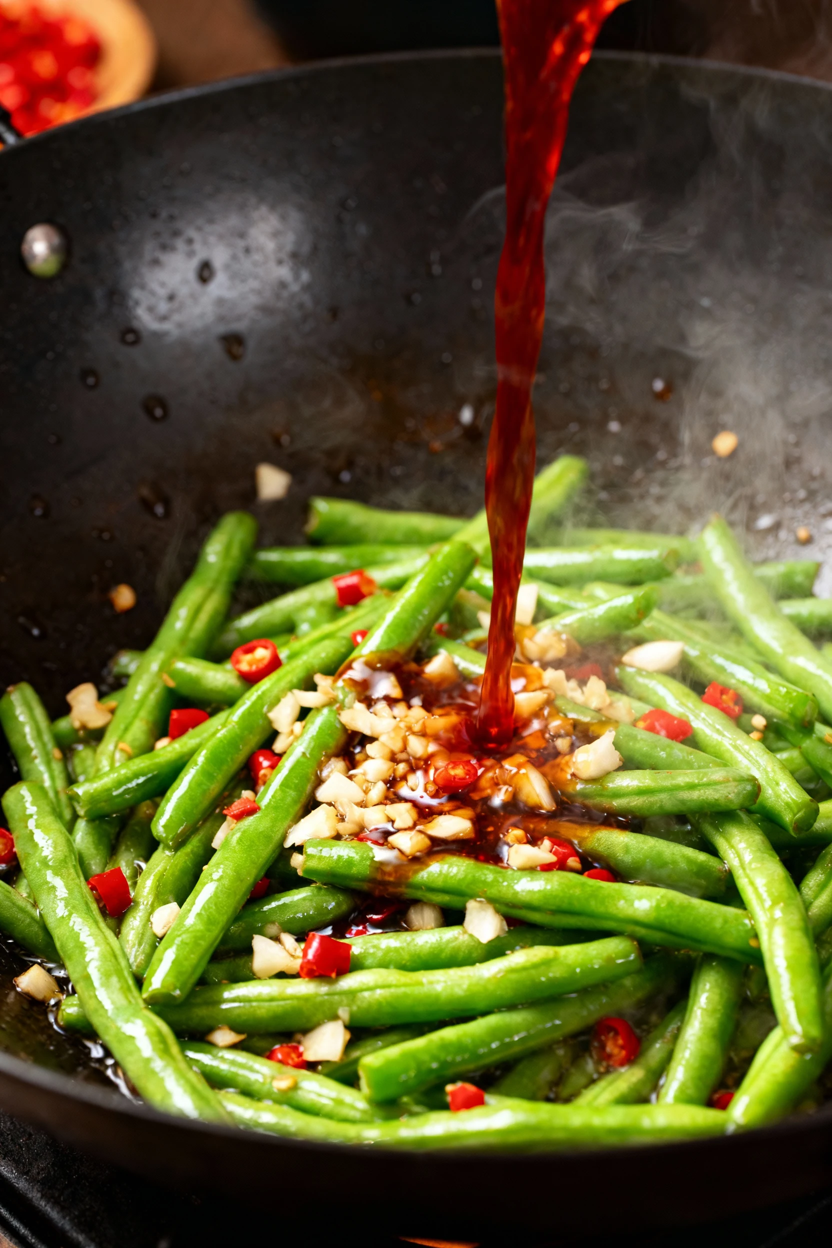 Mid-action cooking process shot of green beans sizzling in a wok with minced garlic and chili flecks, steam rising, sauc