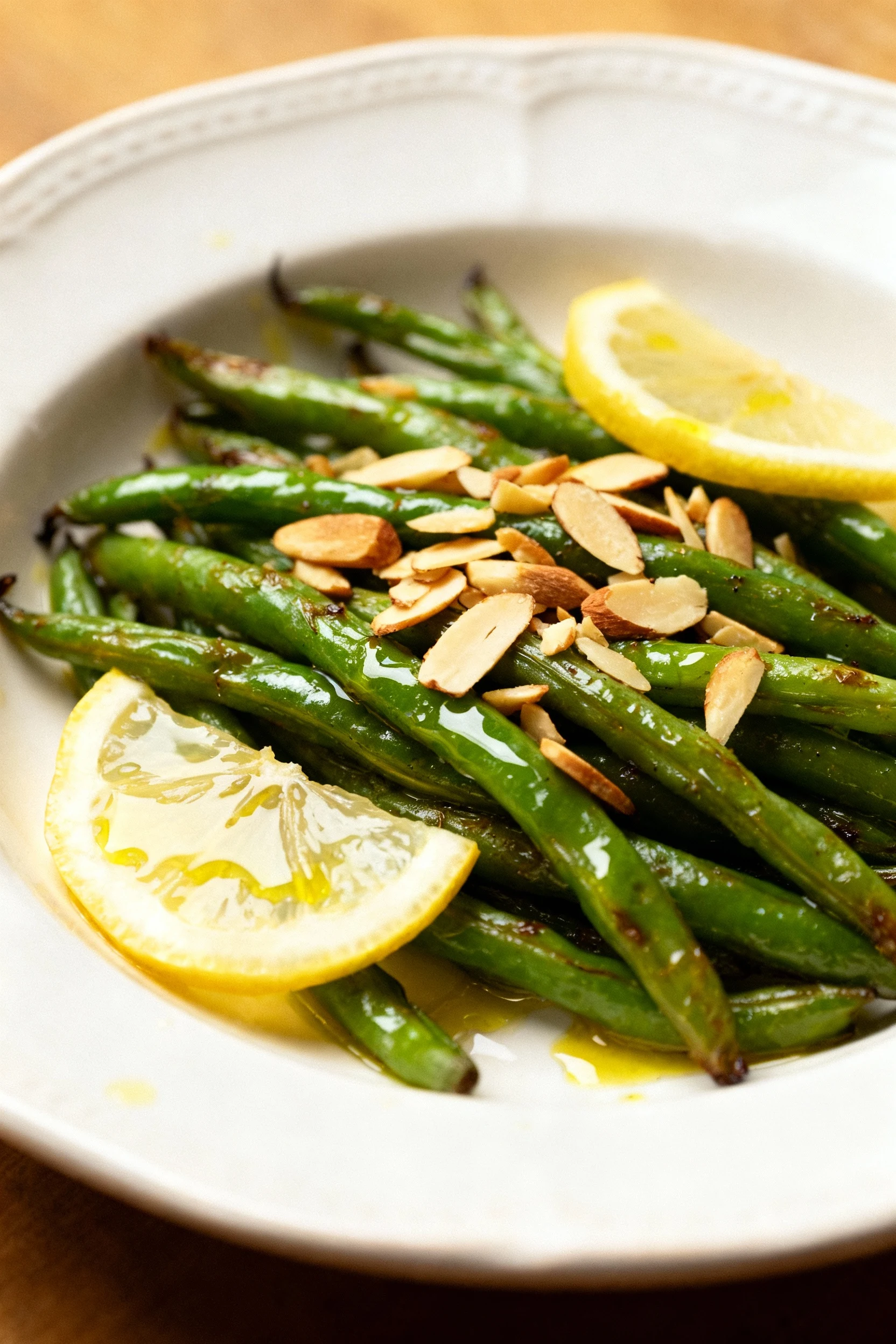 Beautifully plated roasted green beans on a white ceramic plate, drizzled with fresh lemon juice, garnished with thin le