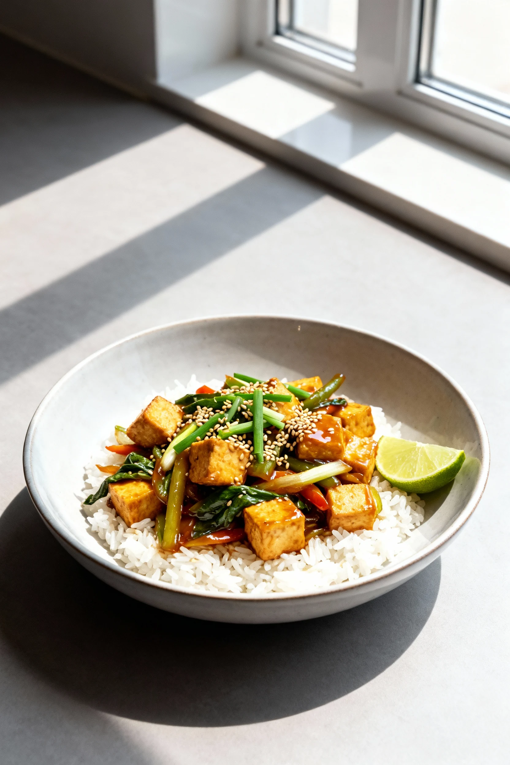 Final dish: tofu stir fry over steamed jasmine rice in a wide shallow bowl, golden tofu and crisp-tender vegetables glea