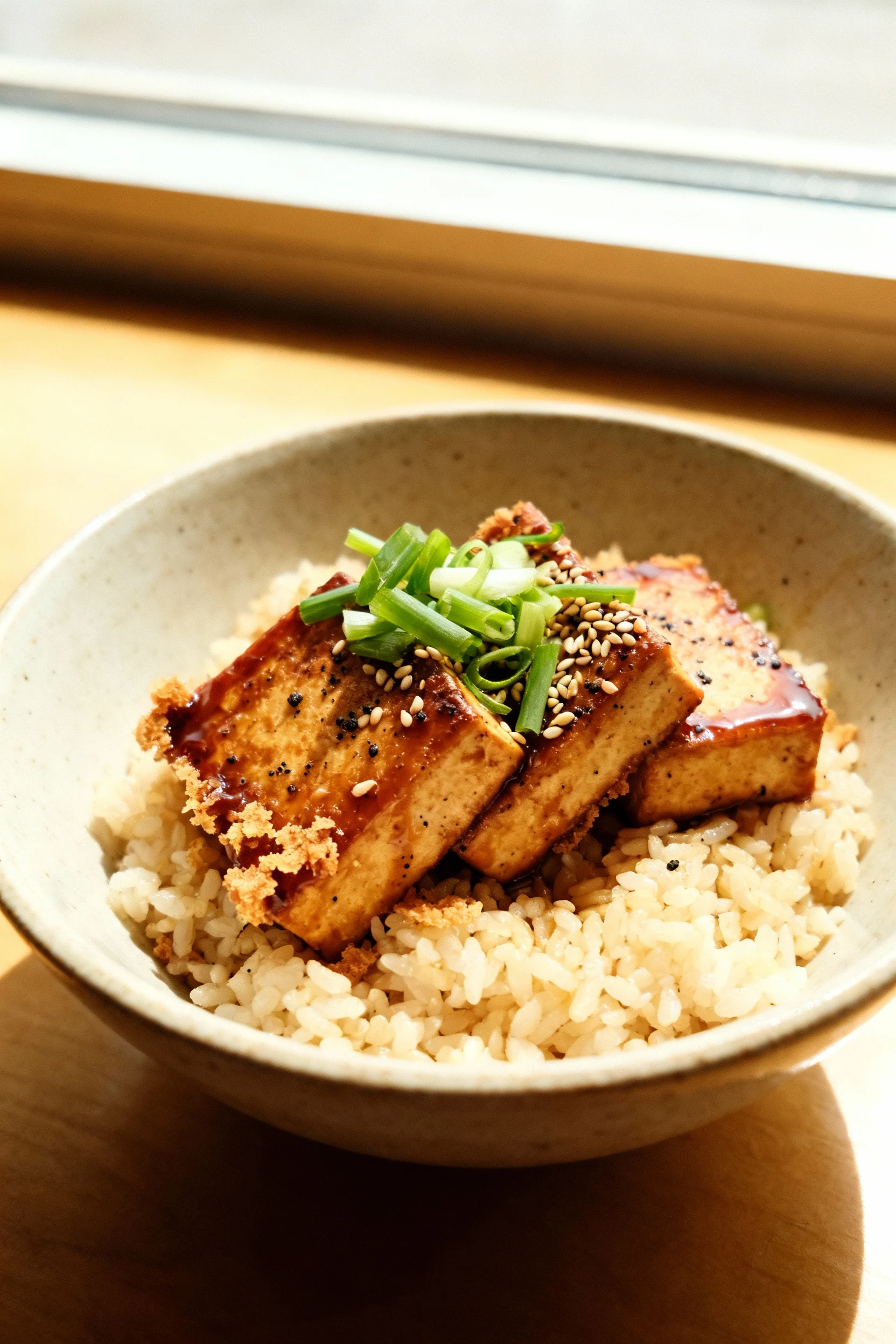 Final bowl: Teriyaki-glossed crispy tofu over steamed rice in a shallow ceramic bowl; glaze clings (not pools), crunchy