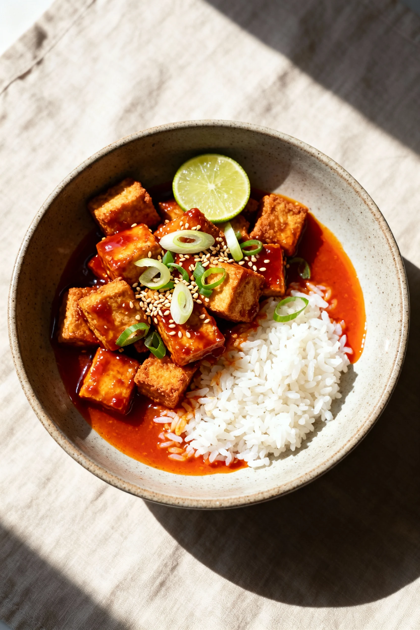 Overhead shot of crispy tofu tossed in sticky gochujang glaze over steamed rice, garnished with sliced scallions, toaste