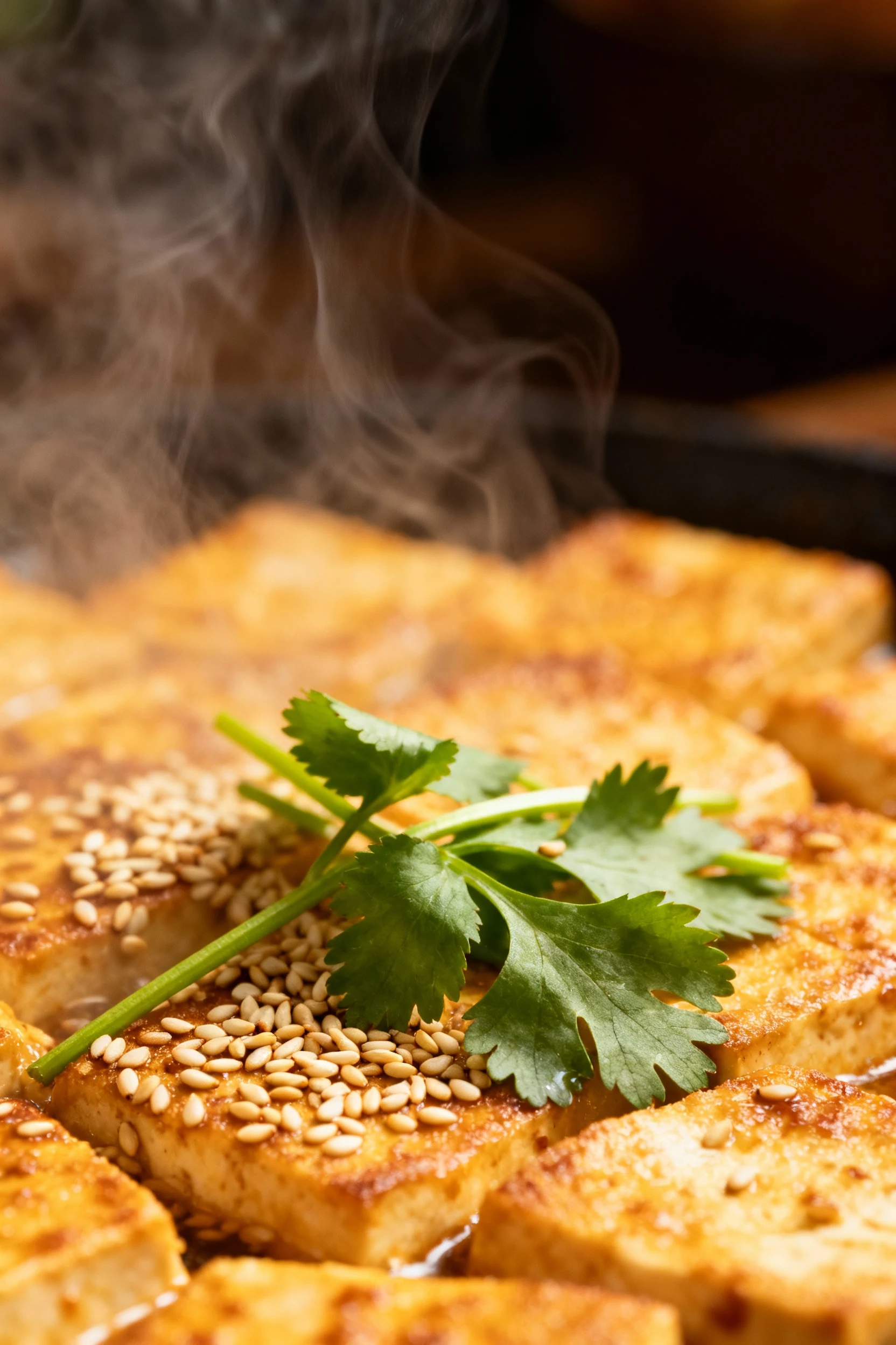 Macro shot of sesame seed garnish and fresh cilantro leaves resting atop hot, freshly baked tofu, steam gently visible,